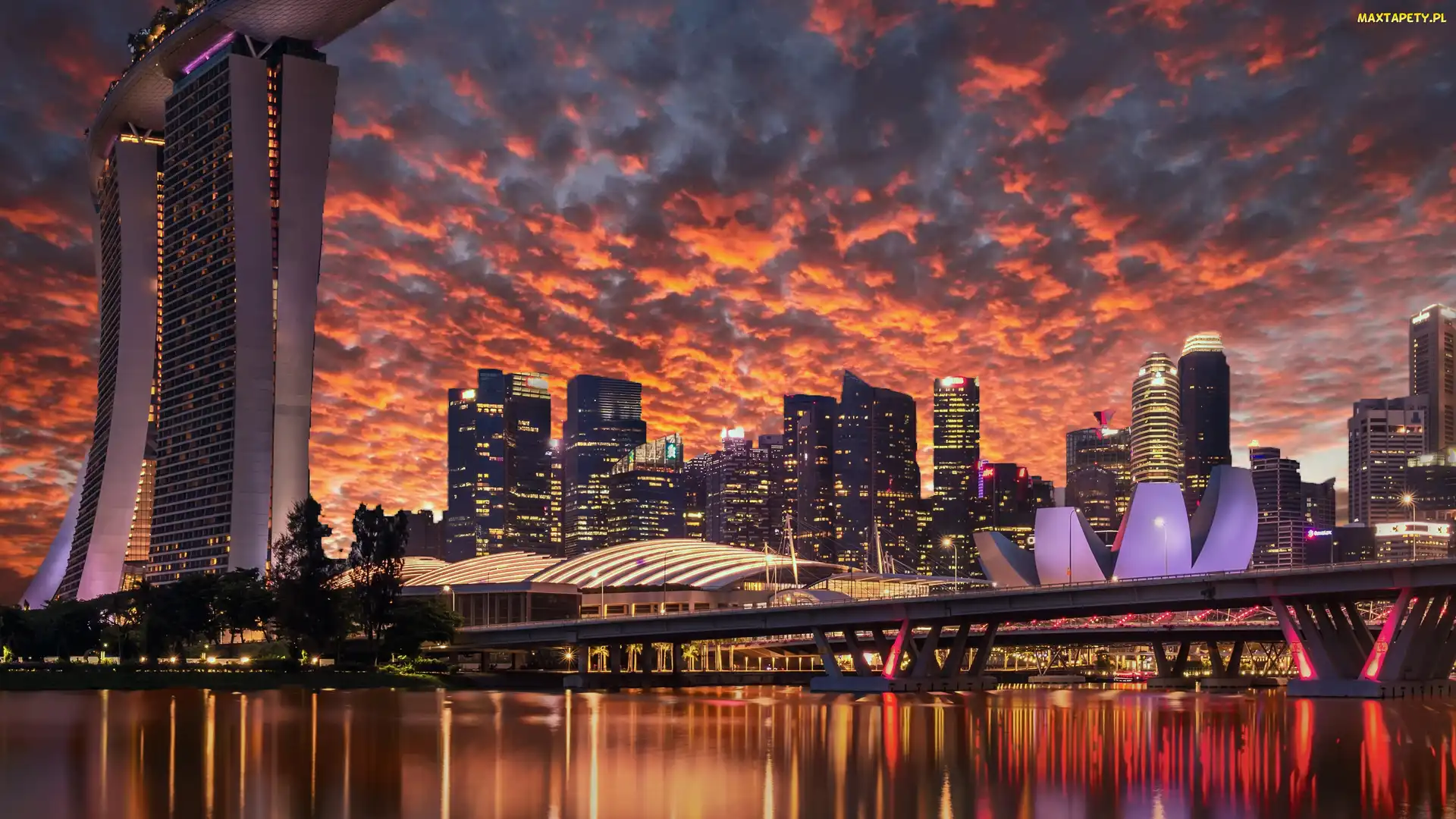 Hotel Marina Bay Sands, Wschód słońca, Wieżowce, Zatoka Marina Bay, Singapur