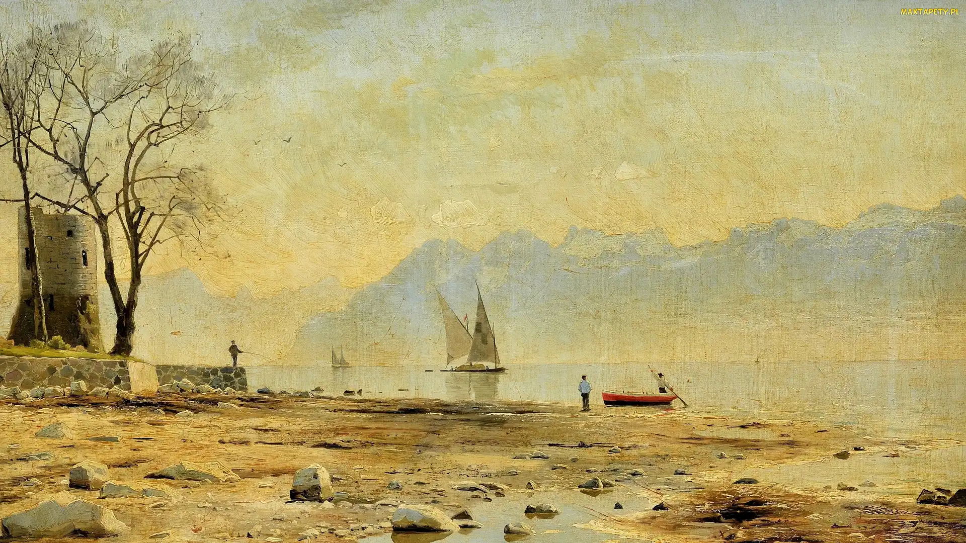 Malarstwo, Brzeg, Góry, Kamienie, Jezioro, Żaglówki, Obraz, Peder Monsted, Wędkarz