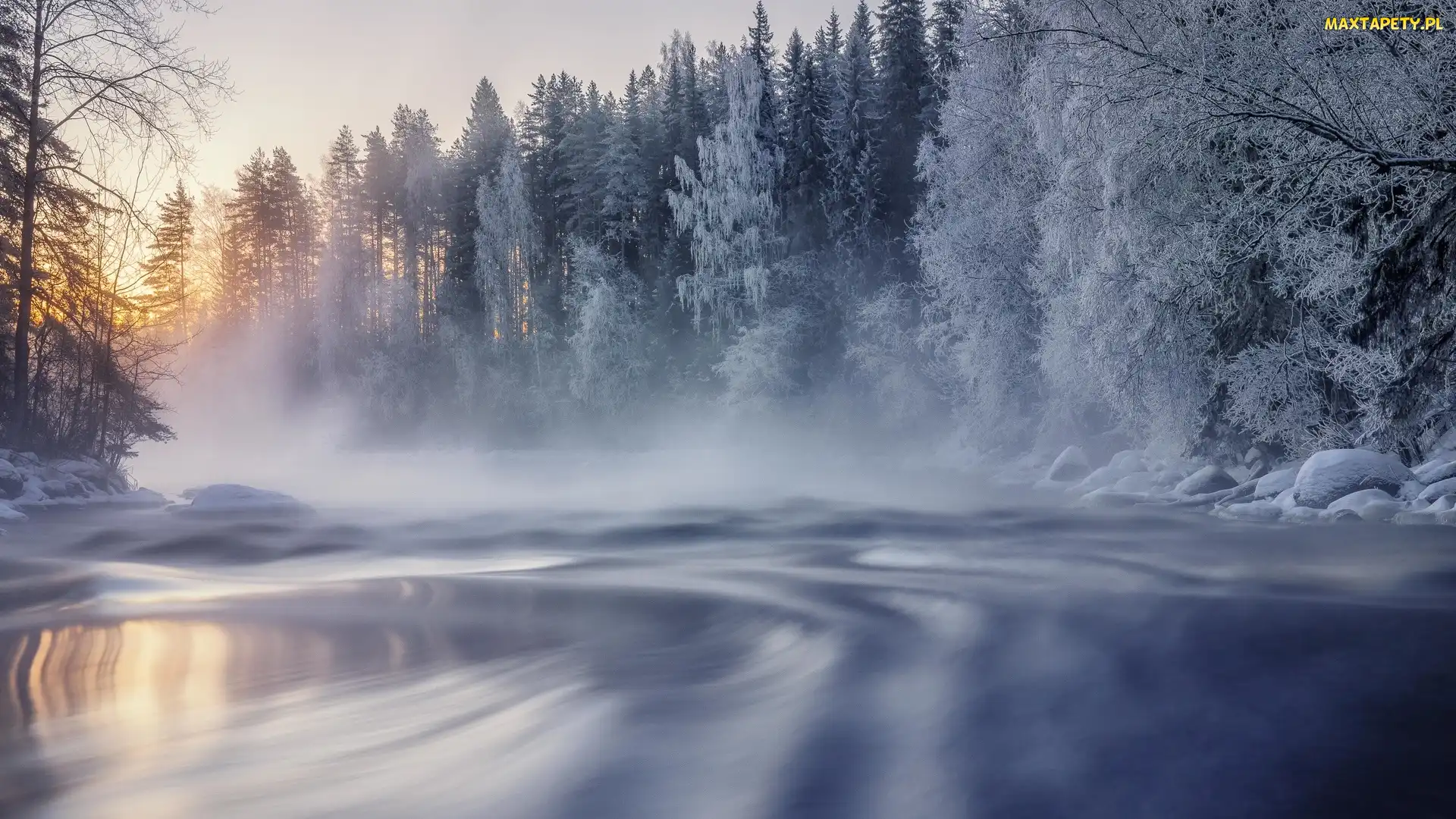 Zima, Mgła, Ośnieżone, Finlandia, Las, Rzeka, Drzewa