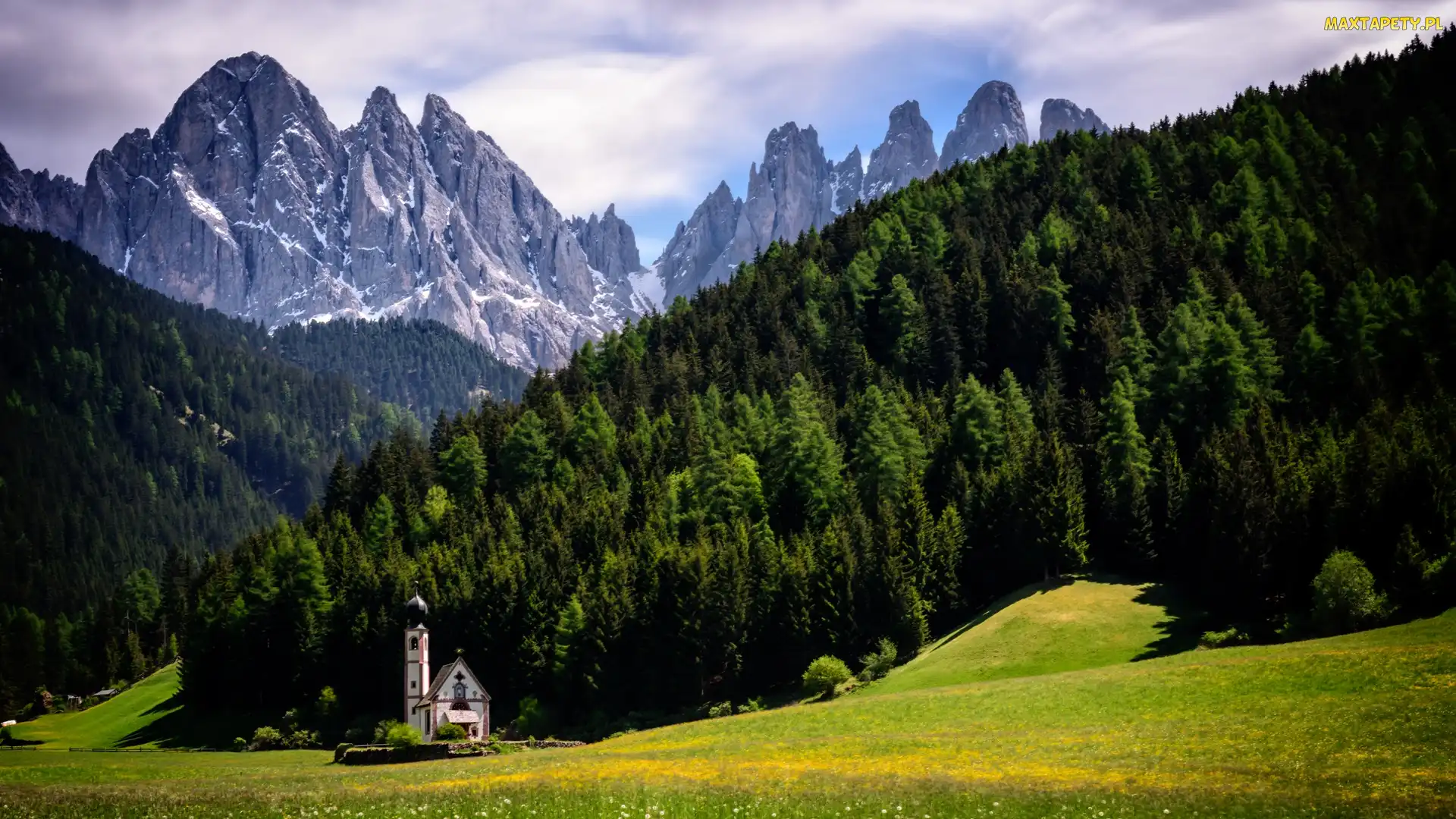 Chmury, Góry Dolomity, Las, Włochy, Masyw Odle, Kościół św. Jana, Dolina Val di Funes