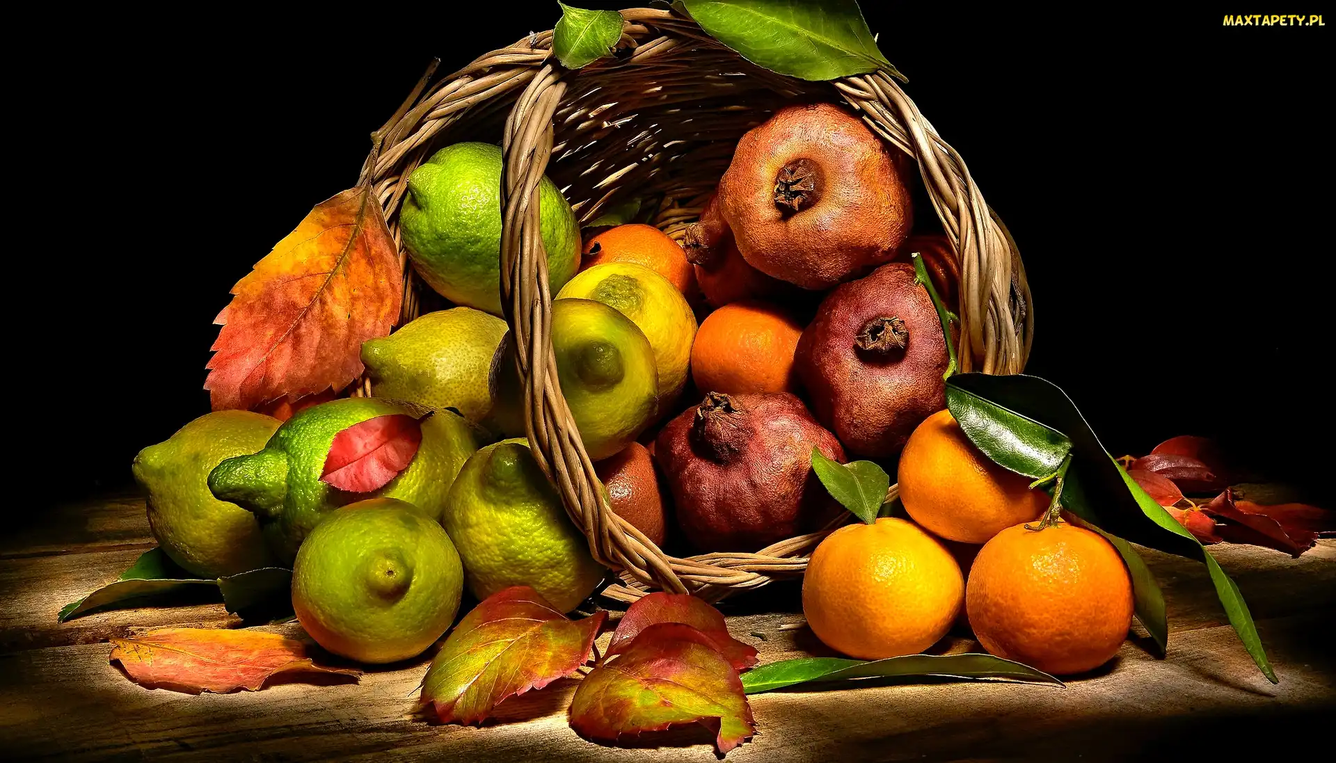 Liście, Mandarynki, Koszyk, Owoce, Cytryny, Granaty