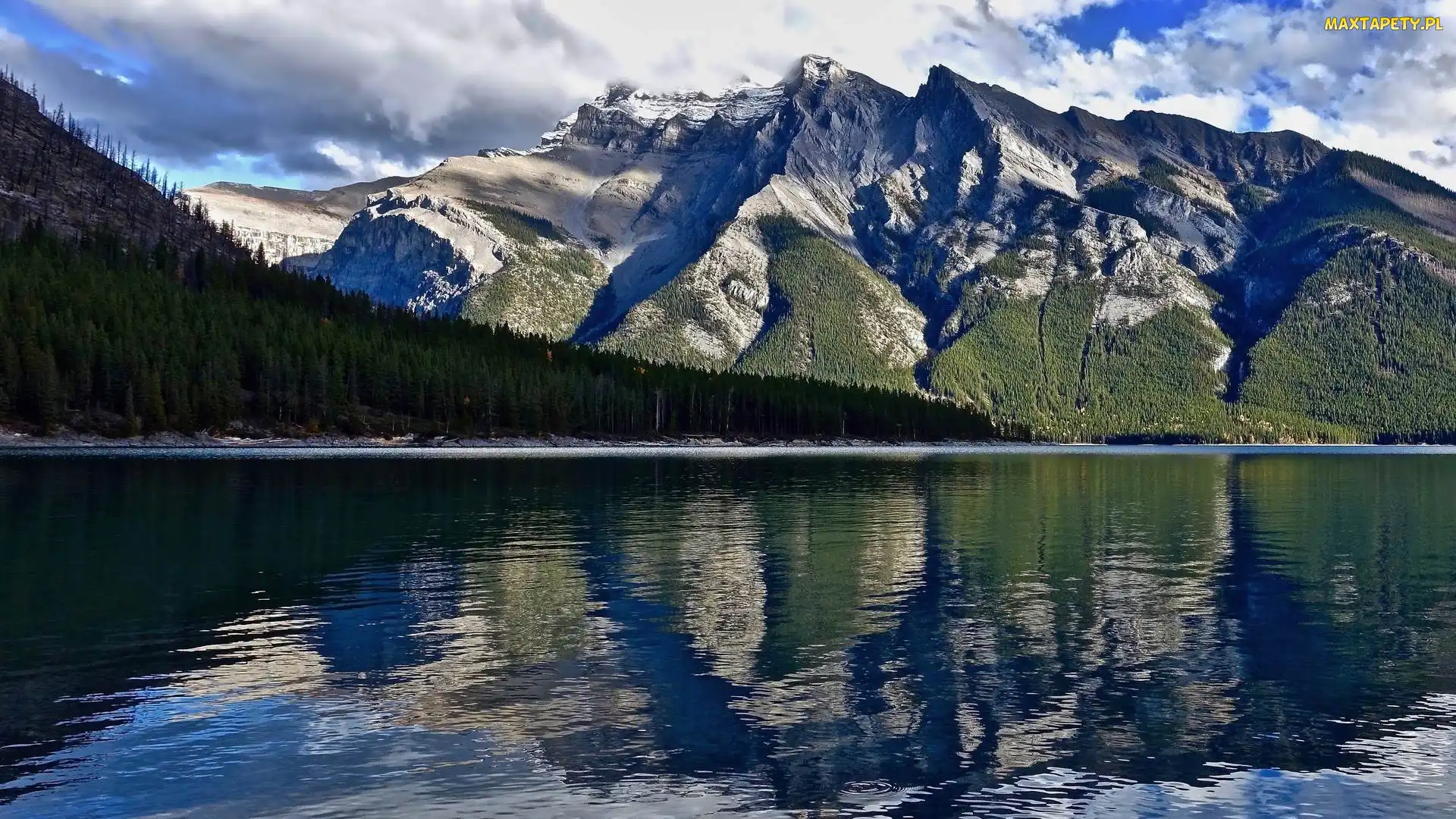 Lake Minnewanka, Odbicie, Jezioro, Góry Skaliste, Alberta, Drzewa, Kanada, Park Narodowy Banff