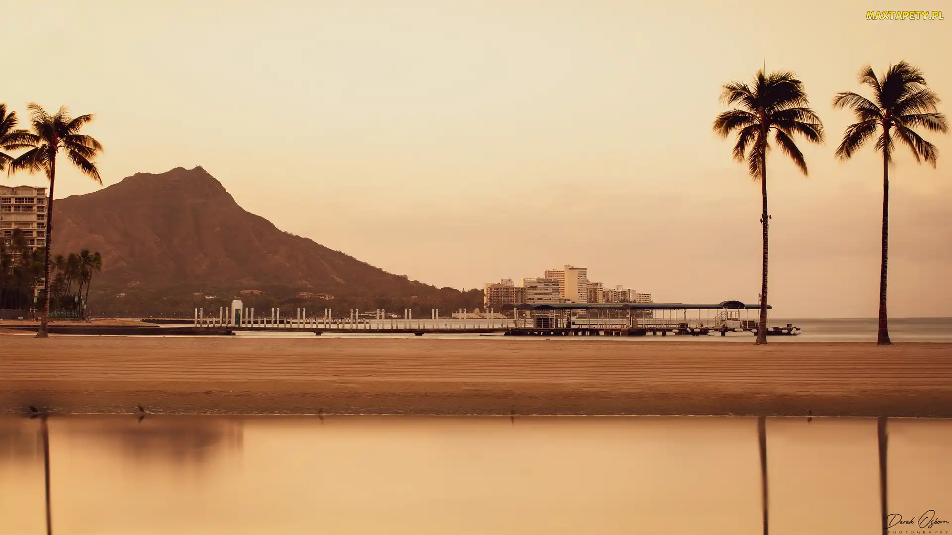 Stany Zjednoczone, Honolulu, Waikiki, Hawaje, Palmy, Plaża, Wzgórze, Domy, Morze, Odbicie