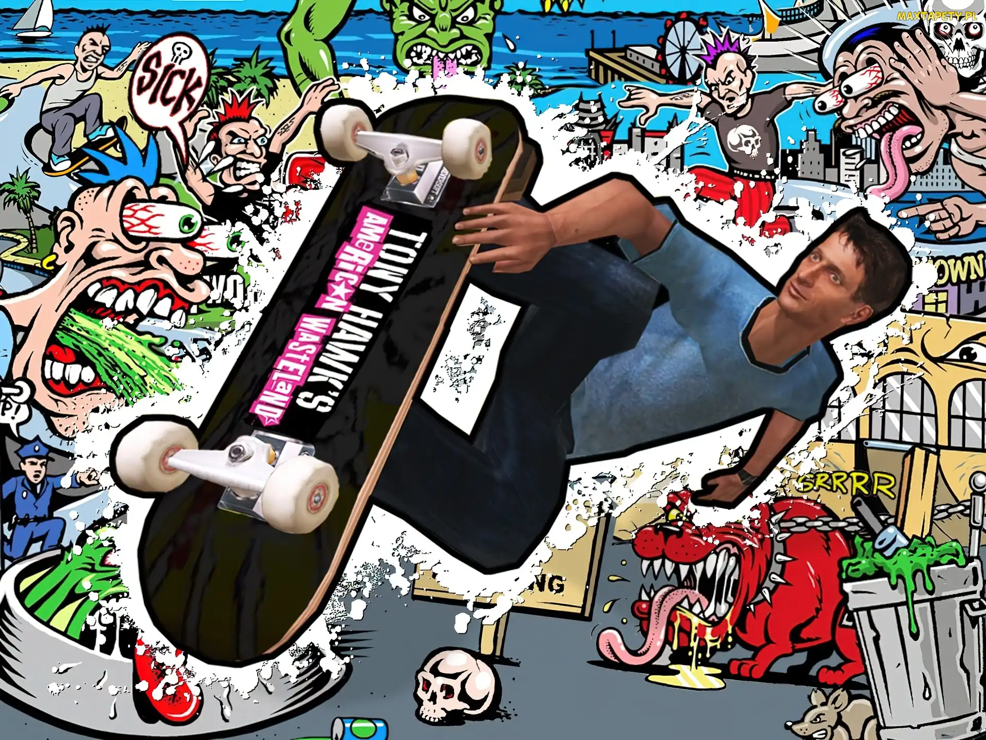 rysunek, mężczyzna, Tony Hawks, deskorolka