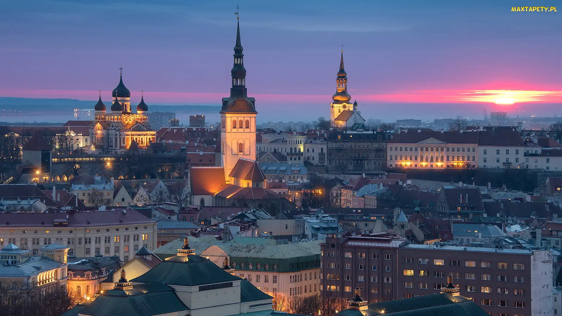 Estonia, Oświetlone, Domy, Wieże, Kościół św. Olafa, Stare Miasto, Kościół św. Mikołaja, Cerkiew, Tallinn, Sobór św. Aleksandra Newskiego