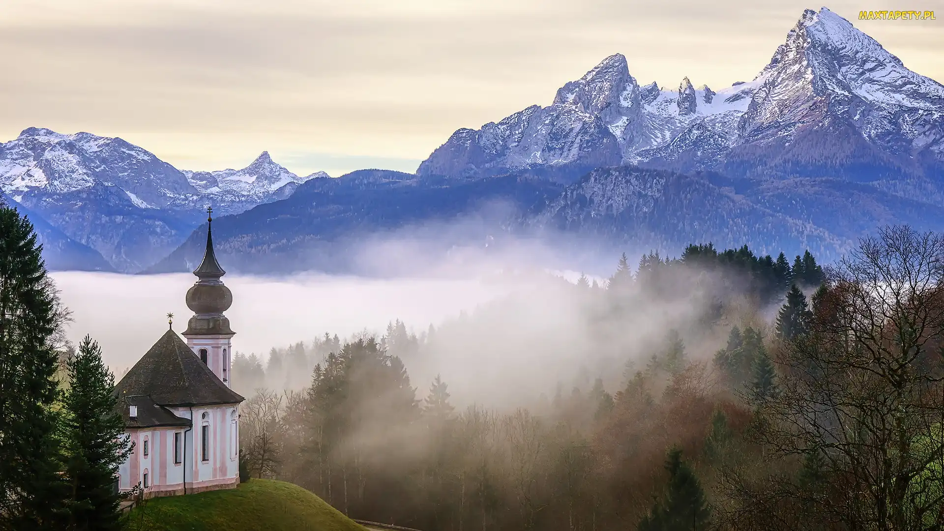 Góry, Bawaria, Sanktuarium Maria Gern, Niemcy, Berchtesgaden, Mgła, Alpy Salzburskie, Kościół, Drzewa
