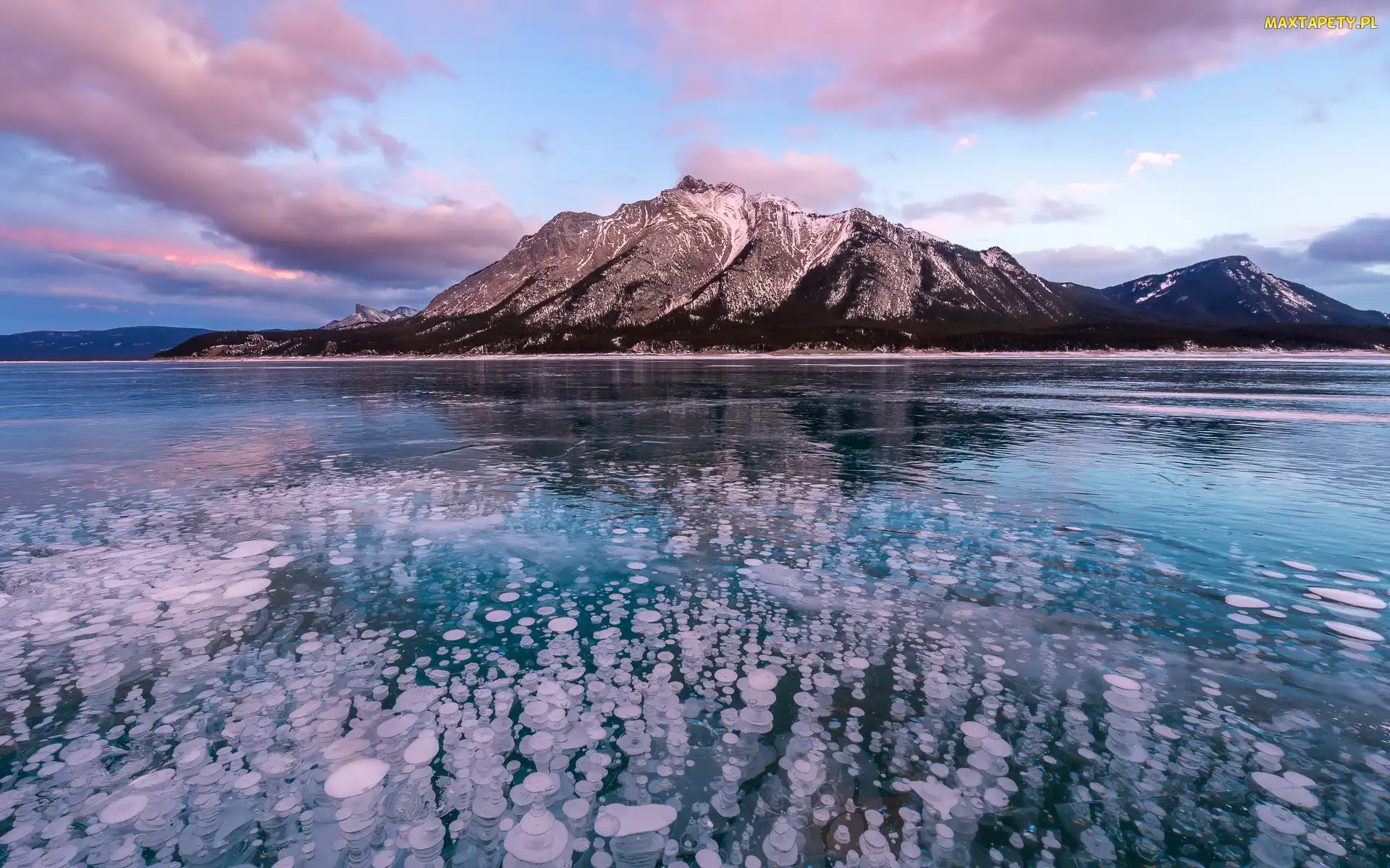 Alberta, Zachód słońca, Góra Mount Michener, Kanada, Jezioro Abraham, Góry, Zamarznięte