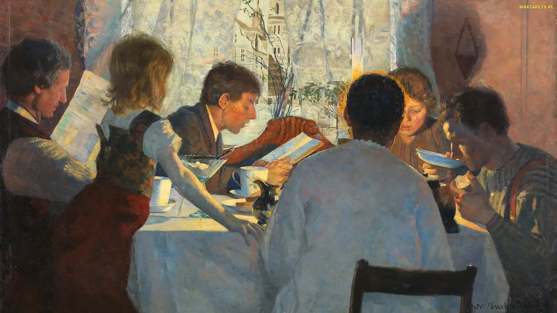 Obraz, Mężczyźni, Malarstwo, Kobiety, Śniadanie, Gustav Wentzel, Okno, Stół