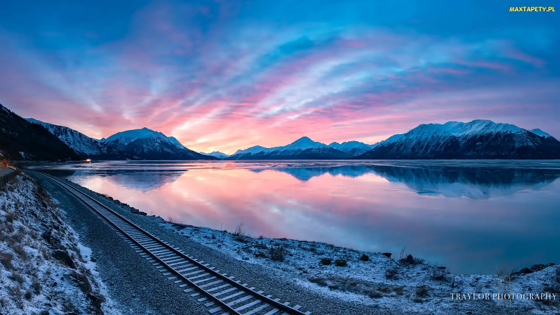 Wschód słońca, Góry, Stany Zjednoczone, Tory kolejowe, Alaska, Jezioro