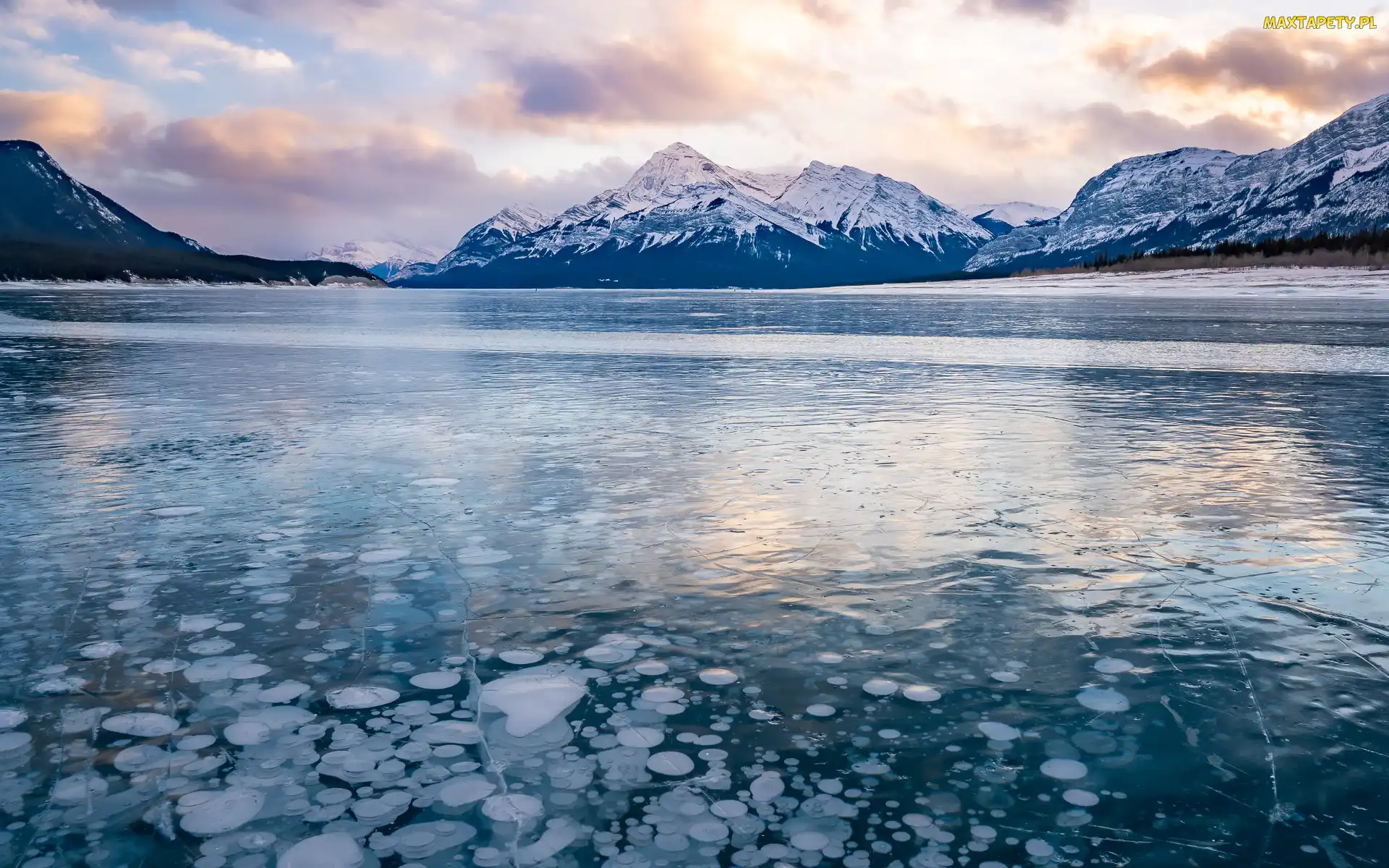 Kanada, Alberta, Zamarznięte, Góry, Jezioro Abraham, Zachód słońca