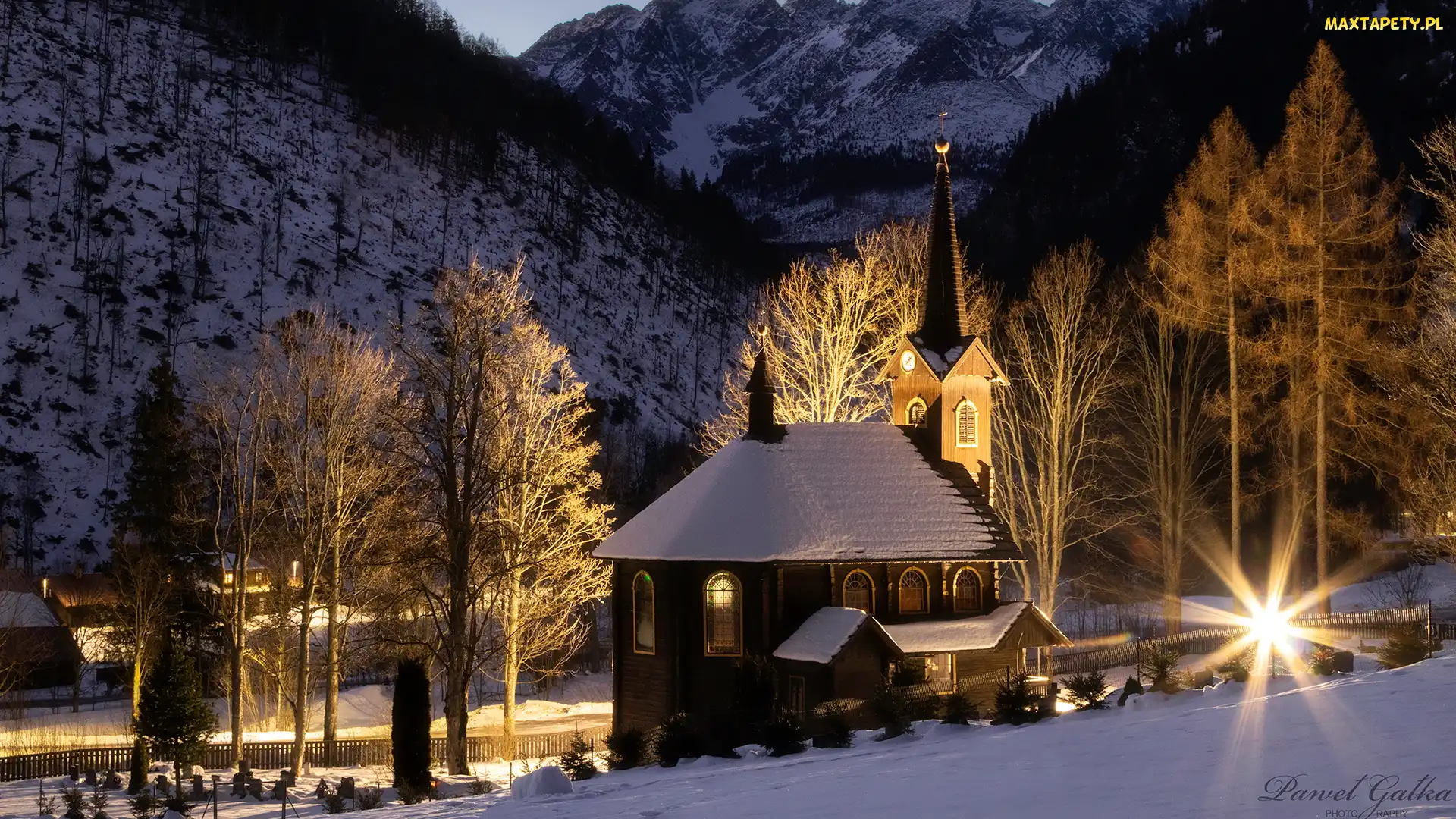 Noc, Zima, Tatry, Góry, Słowacja, Kościół, Drzewa, Jaworzyna Tatrzańska, Światła