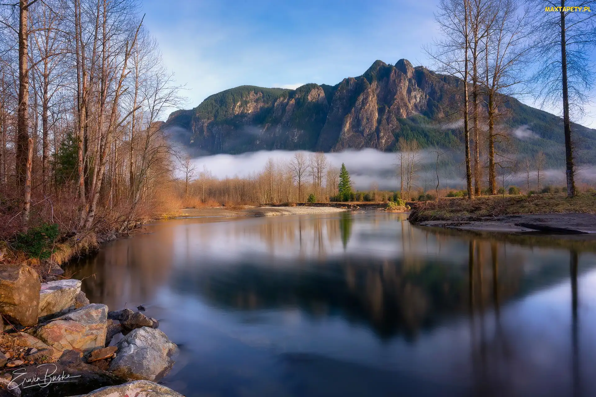 Rzeka, Stan Waszyngton, Bezlistne, Stany Zjednoczone, Drzewa, Jesień, Lazy River, Góra, Mount Si