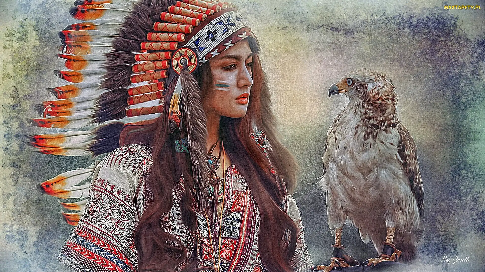 Grafika, Sokół, Indianka, Kobieta, Pióropusz, Ptak