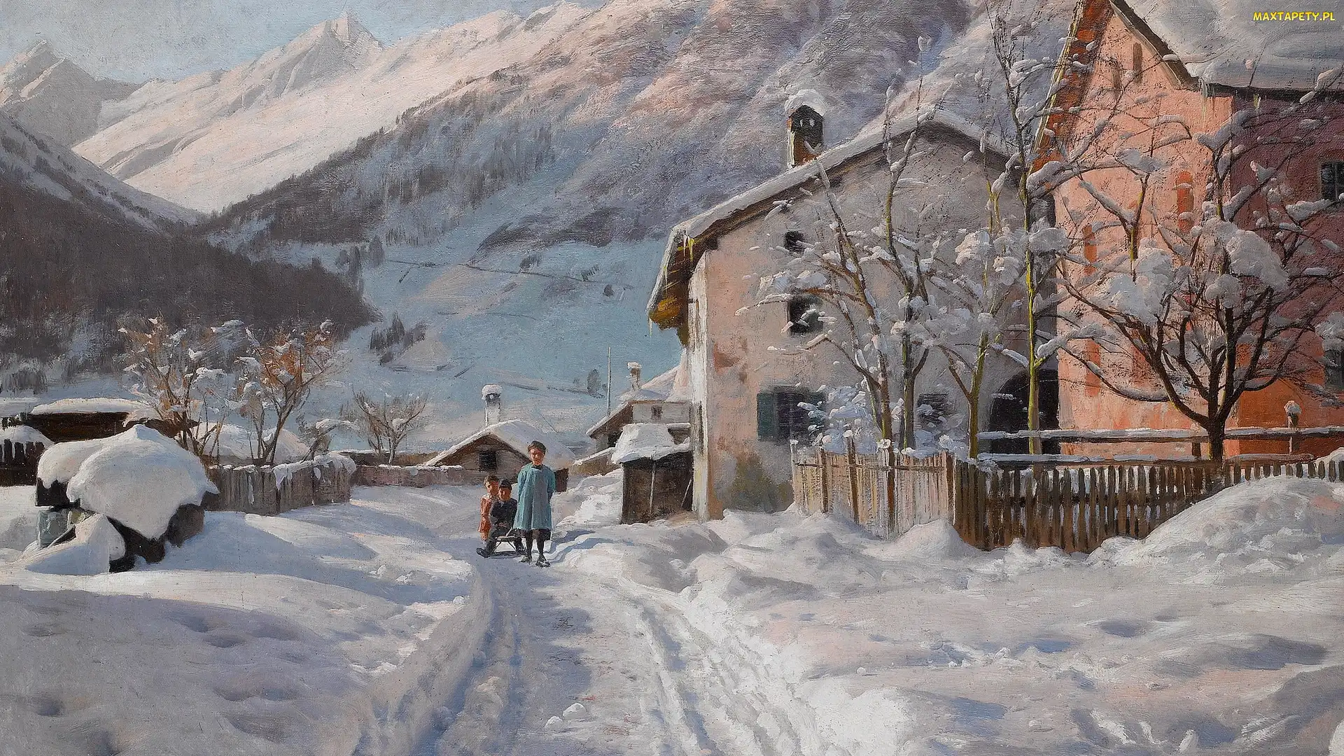 Obraz, Dzieci, Malarstwo, Peder Mork Monsted, Domy, Zima, Droga, Sanki