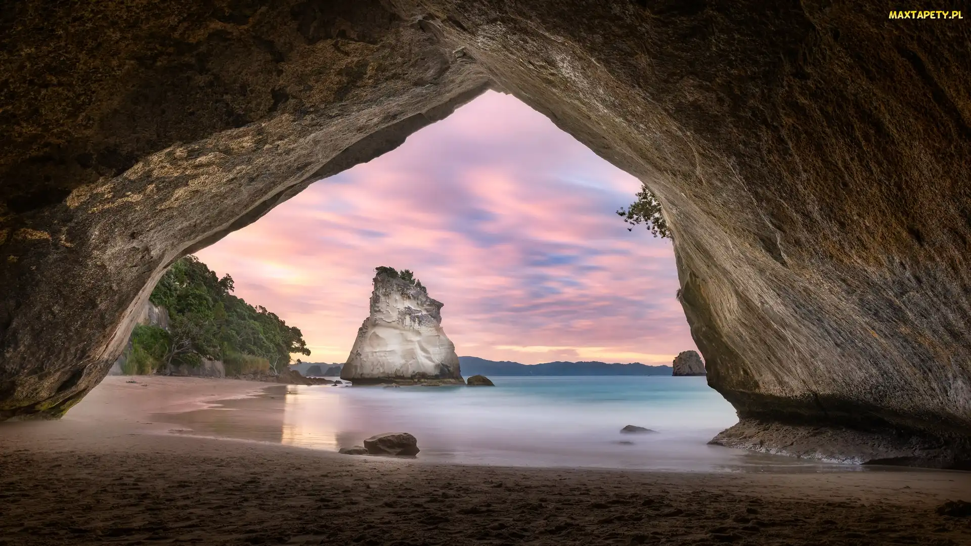 Atrakcja turystyczna, Region Waikato, Skały, Nowa Zelandia, Półwysep Coromandel, Morze, Cathedral Cove, Jaskinia, Zachód słońca