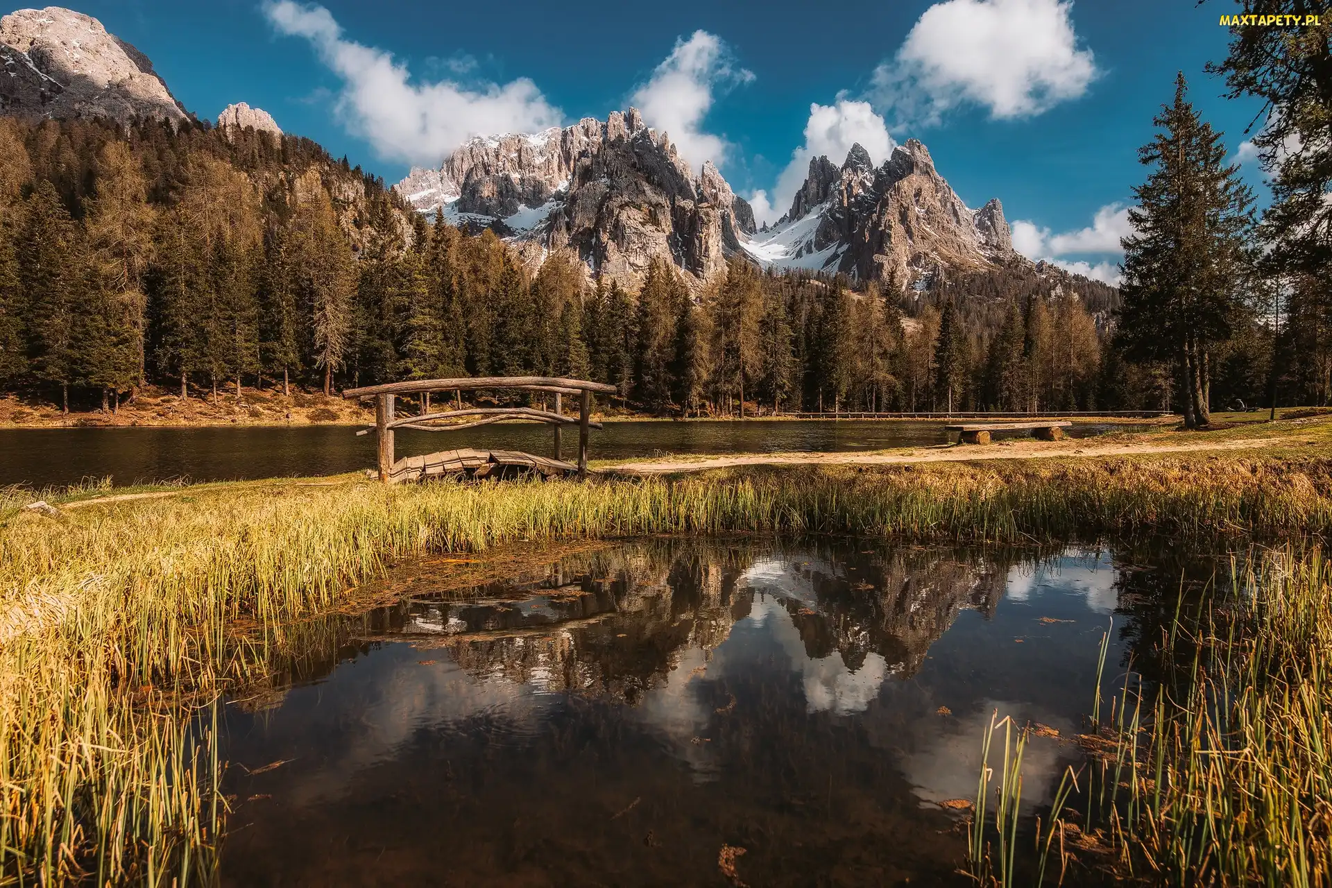 Włochy, Antorno Lake, Szuwary, Ścieżka, Jezioro, Ławka, Dolomity, Góry, Alpy, Mostek