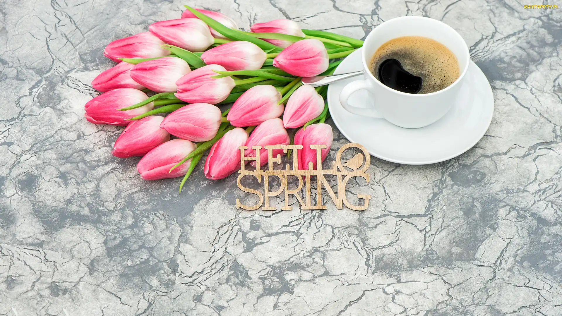 Marmurkowe, Hello spring, Kawa, Tło, Napis, Tulipany, Filiżanka