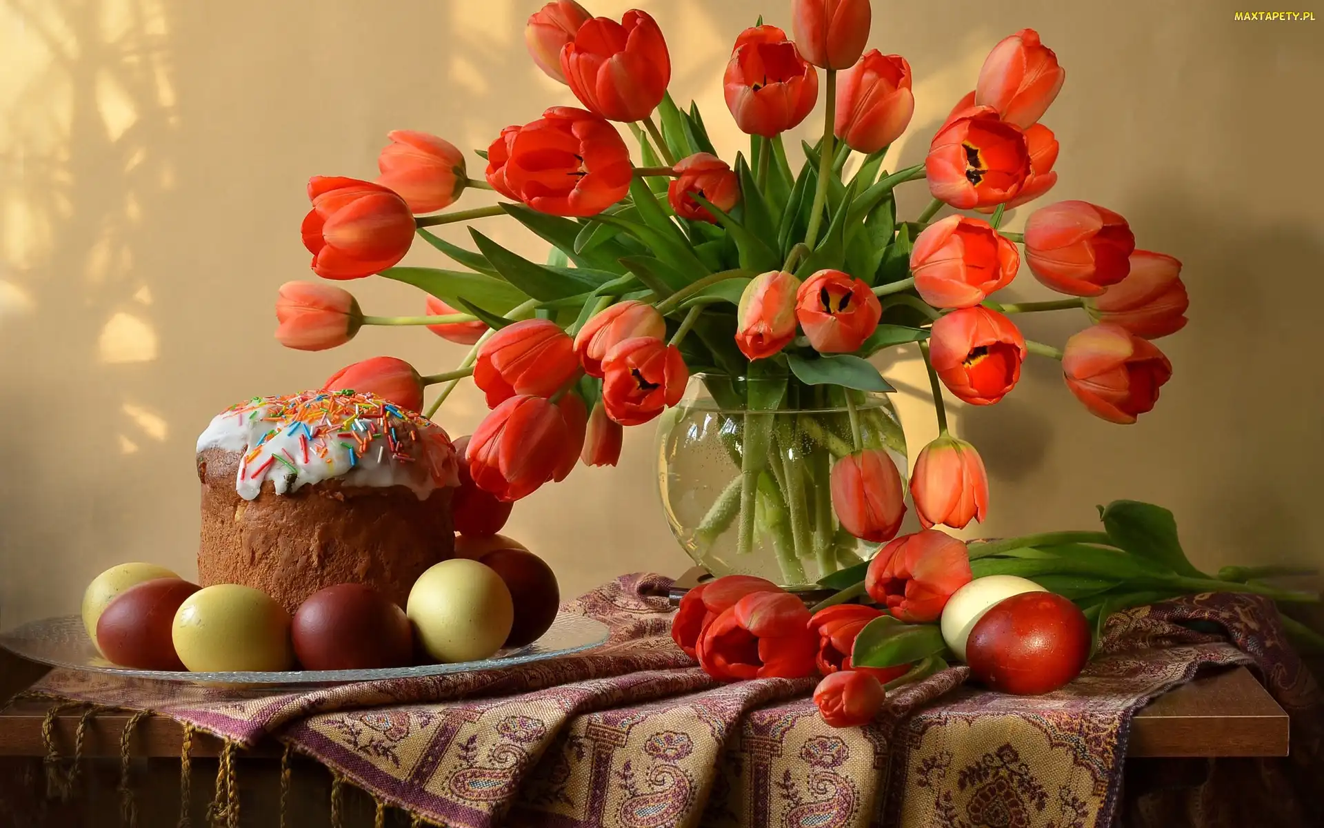 Wielkanoc, Ciasto, Jajka, Tulipany, Kolorowe, Babka