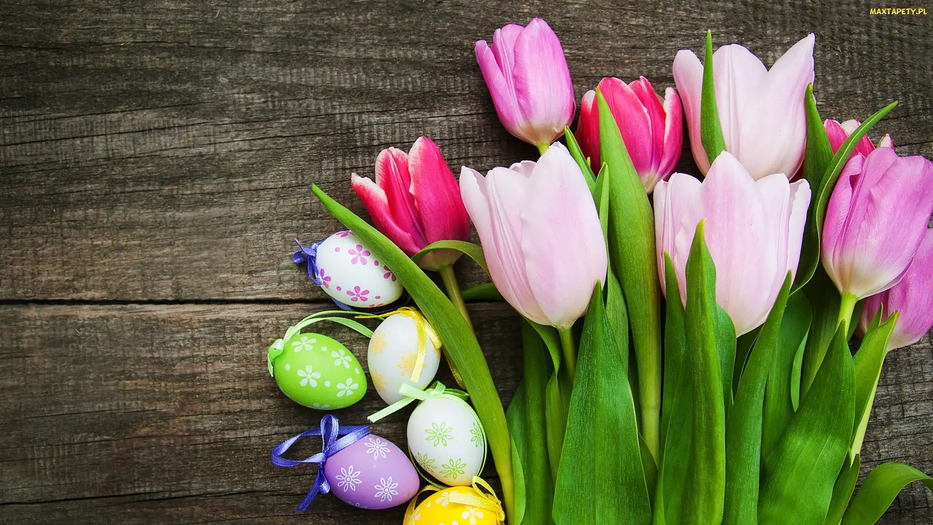 Tulipany, Wielkanoc, Deski, Pisanki, Różowe