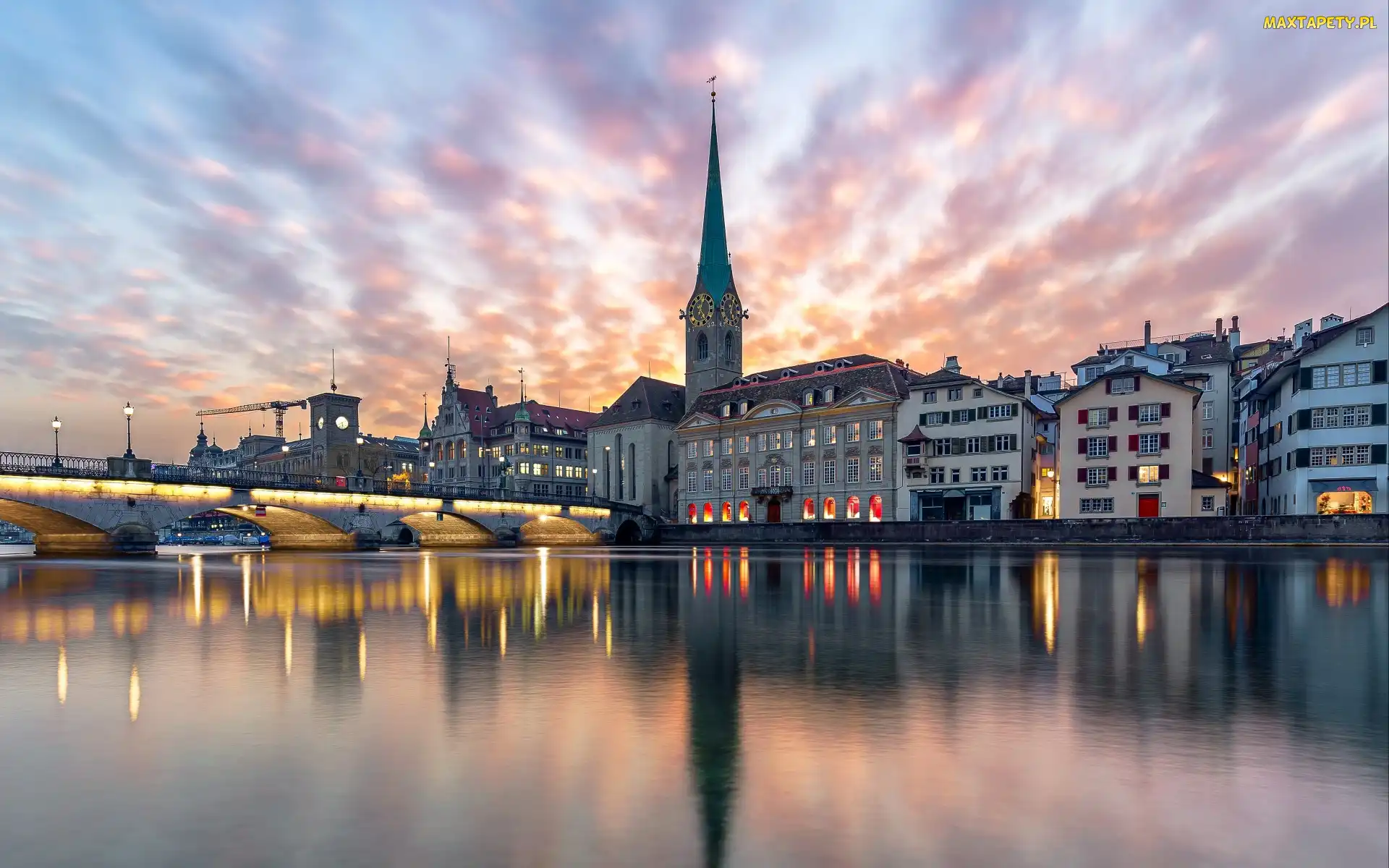 Rzeka Limmat, Most Munsterbrucke, Szwajcaria, Domy, Zurych, Kościół Fraumunster