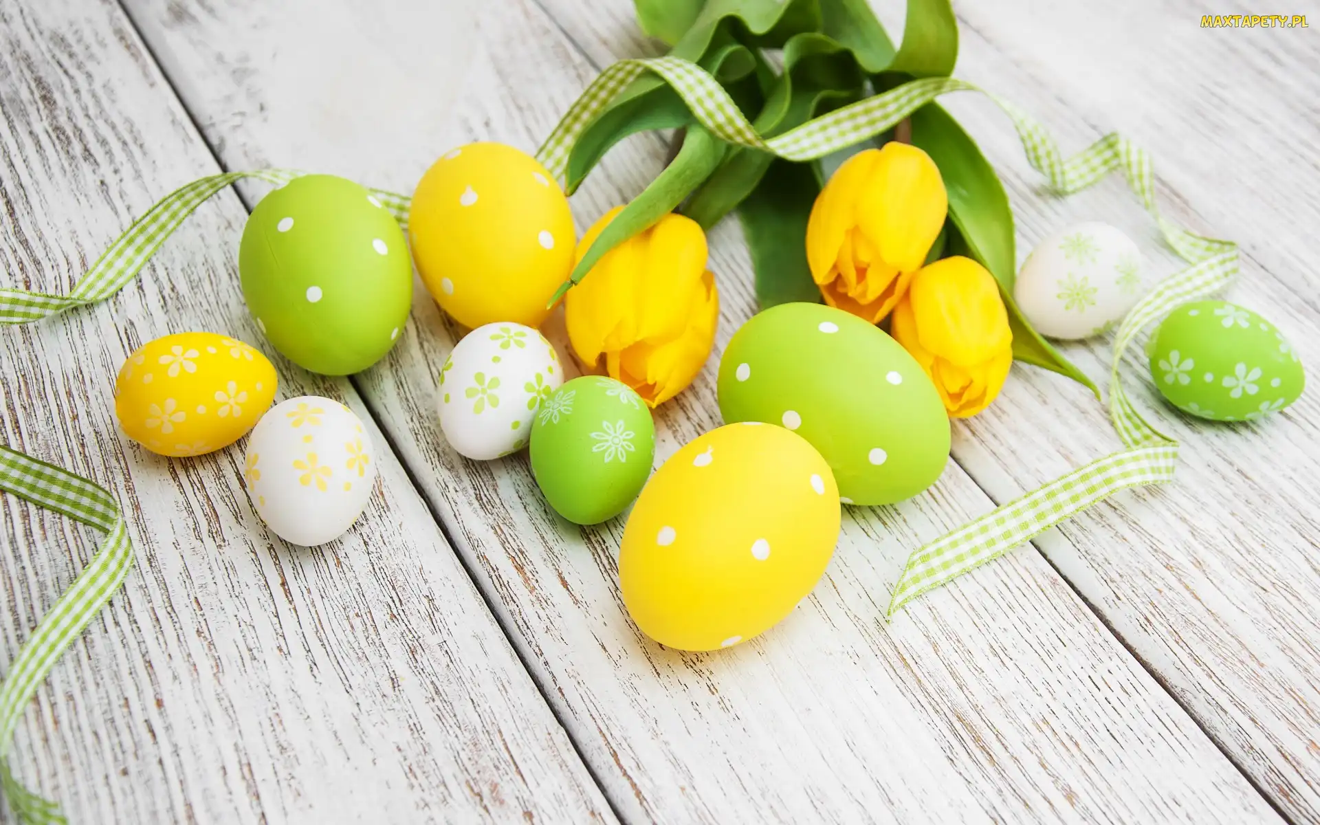 Wstążka, Pisanki, Kwiaty, Deski, Tulipany, Wielkanoc, Żółte