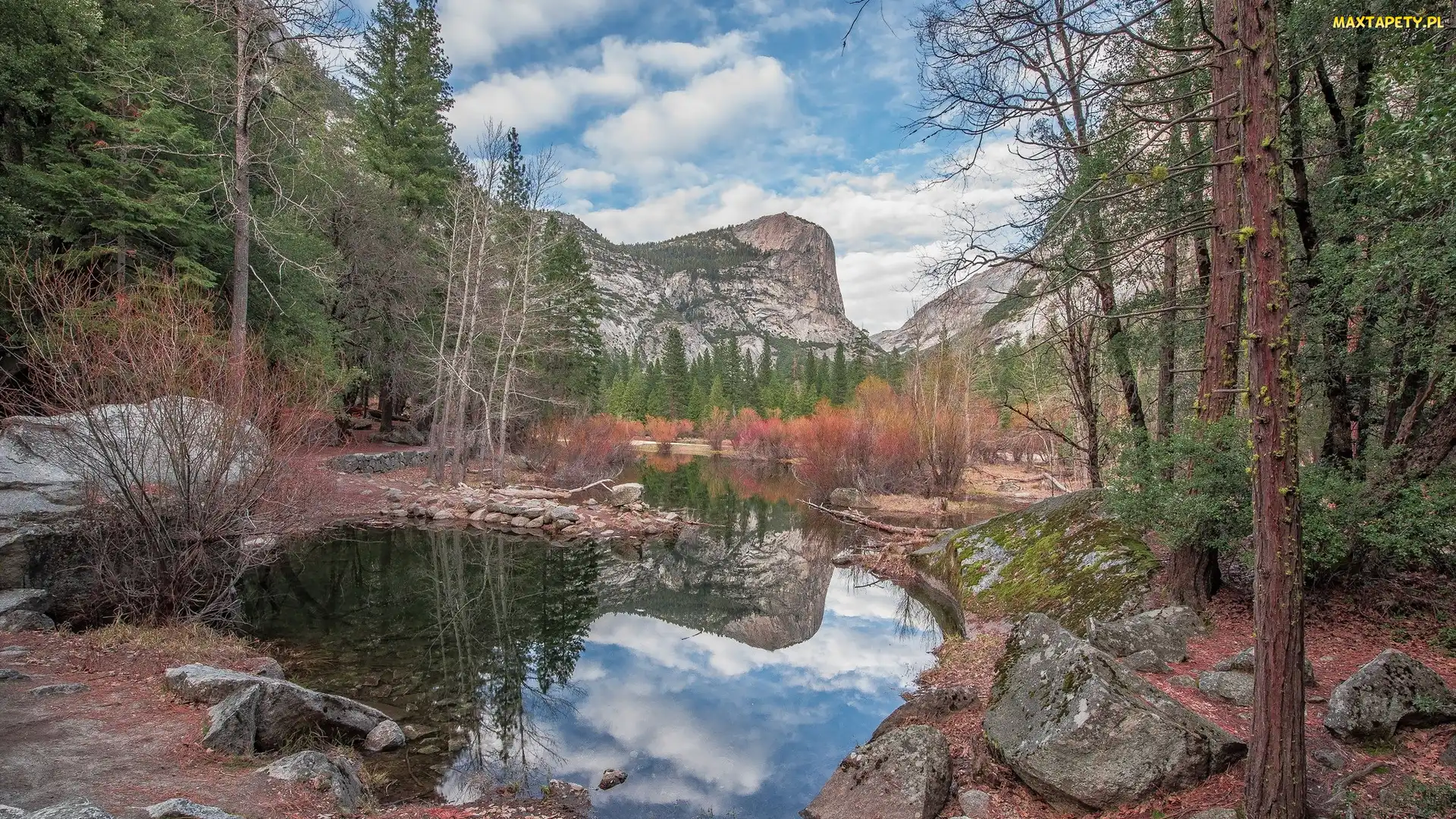 Skały, Góry, Park Narodowy Yosemite, Stany Zjednoczone, Jezioro Mirror Lake, Drzewa, Stan Kalifornia, Szczyt Half Dome
