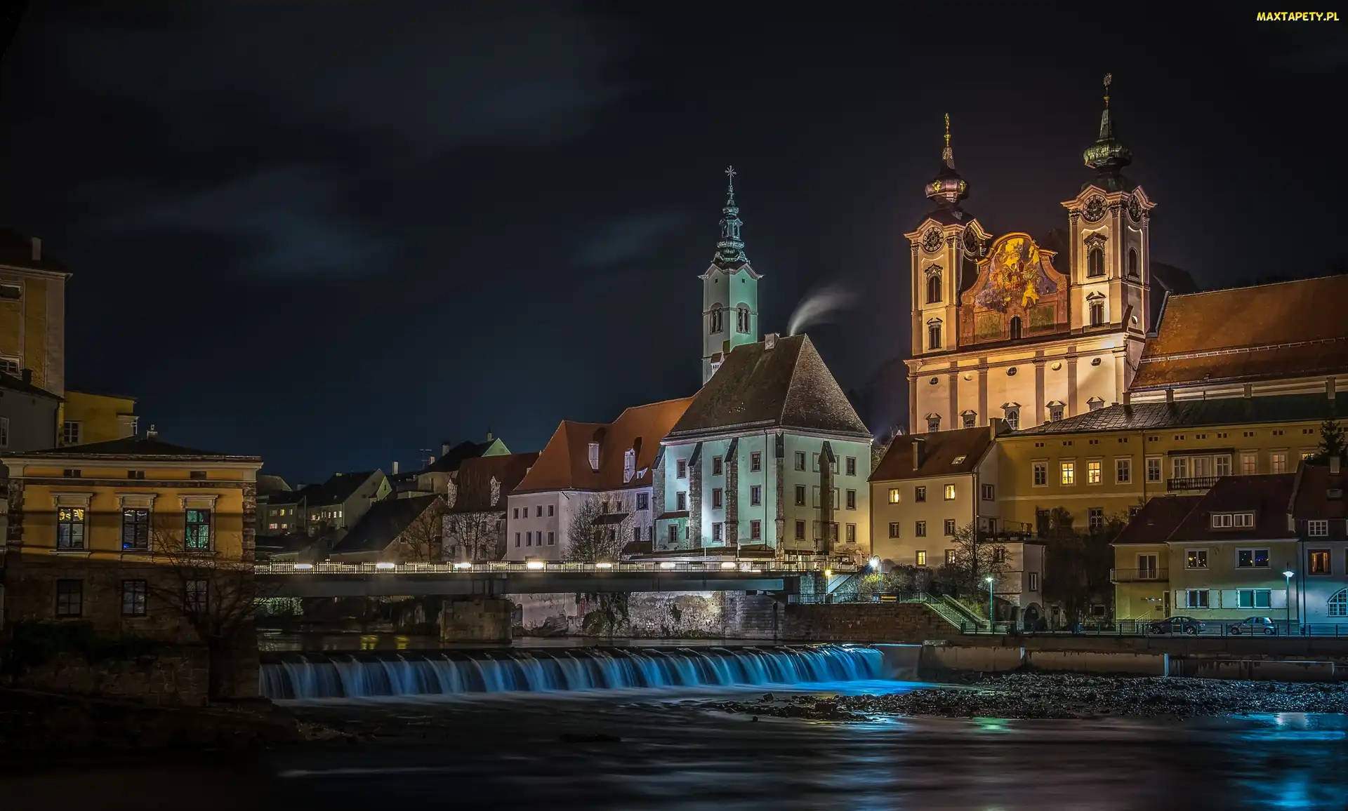 Most, Noc, Steyr, Rzeka Steyr, Domy, Austria, Kościół