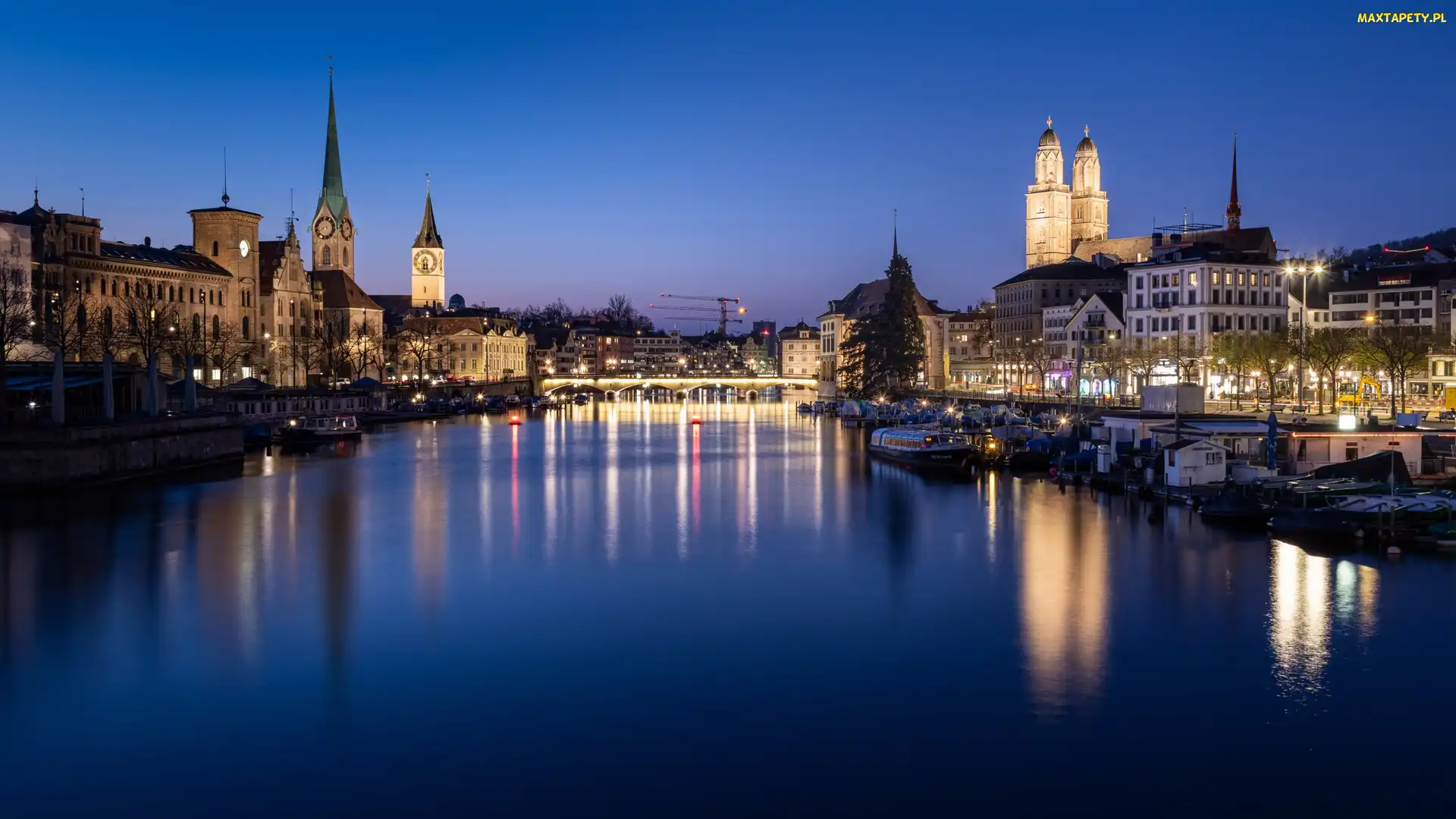 Szwajcaria, Zurych, Most, Domy, Rzeka Limmat, Noc
