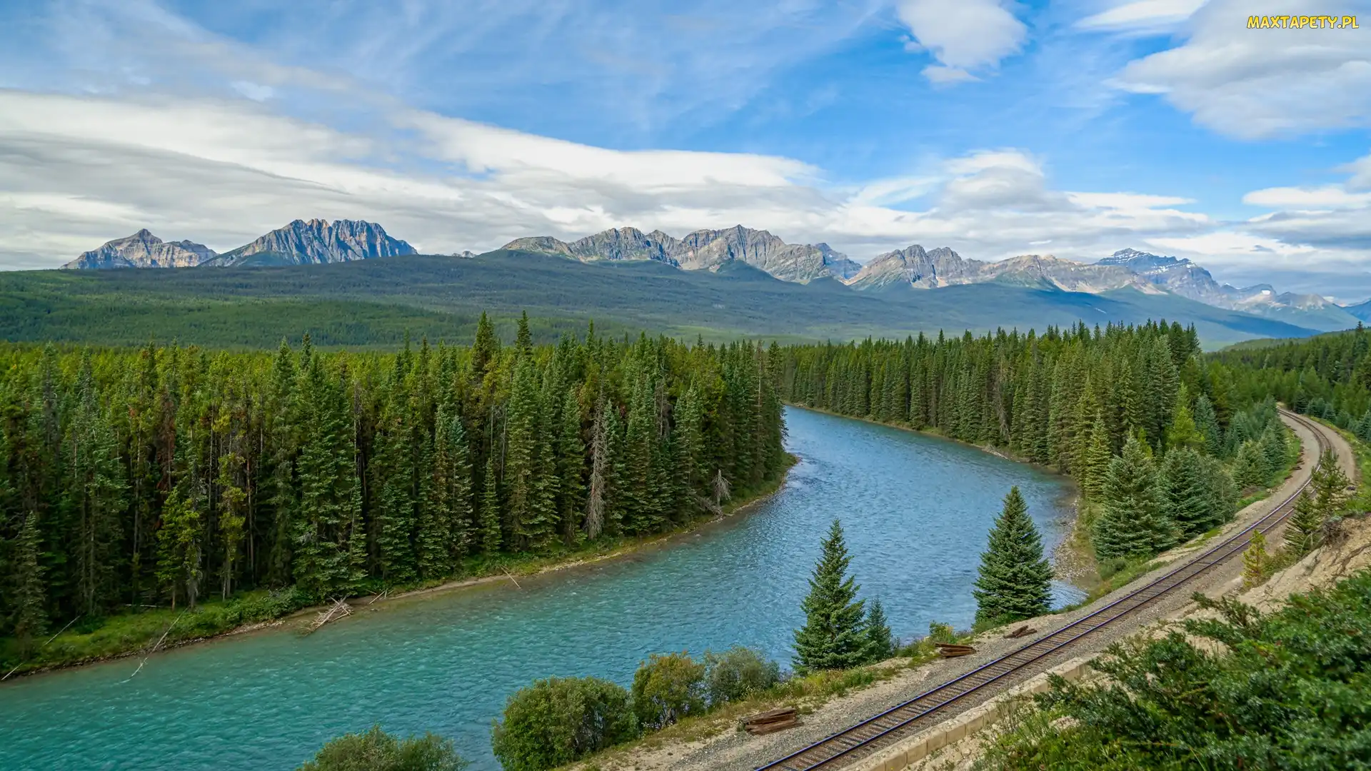 Kanada, Tory, Rzeka Bow River, Chmury, Park Narodowy Banff, Lasy, Góry, Canadian Rockies, Drzewa