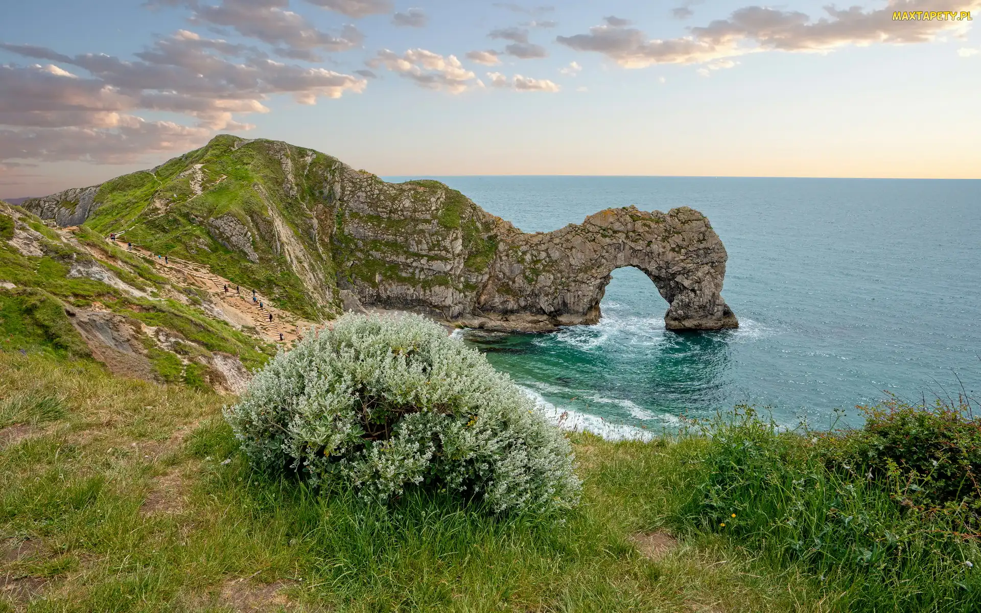 Wybrzeże Jurajskie, Łuk wapienny Durdle Door, Morze, Skała, Hrabstwo Dorset, Rośliny, Anglia, Chmury