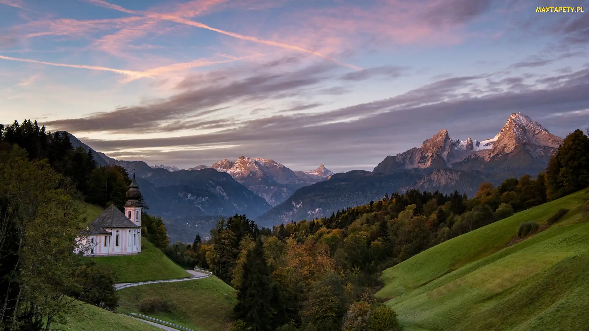 Droga, Bawaria, Góry, Berchtesgaden, Niemcy, Sanktuarium Maria Gern, Drzewa, Alpy Salzburskie, Lasy, Kościół