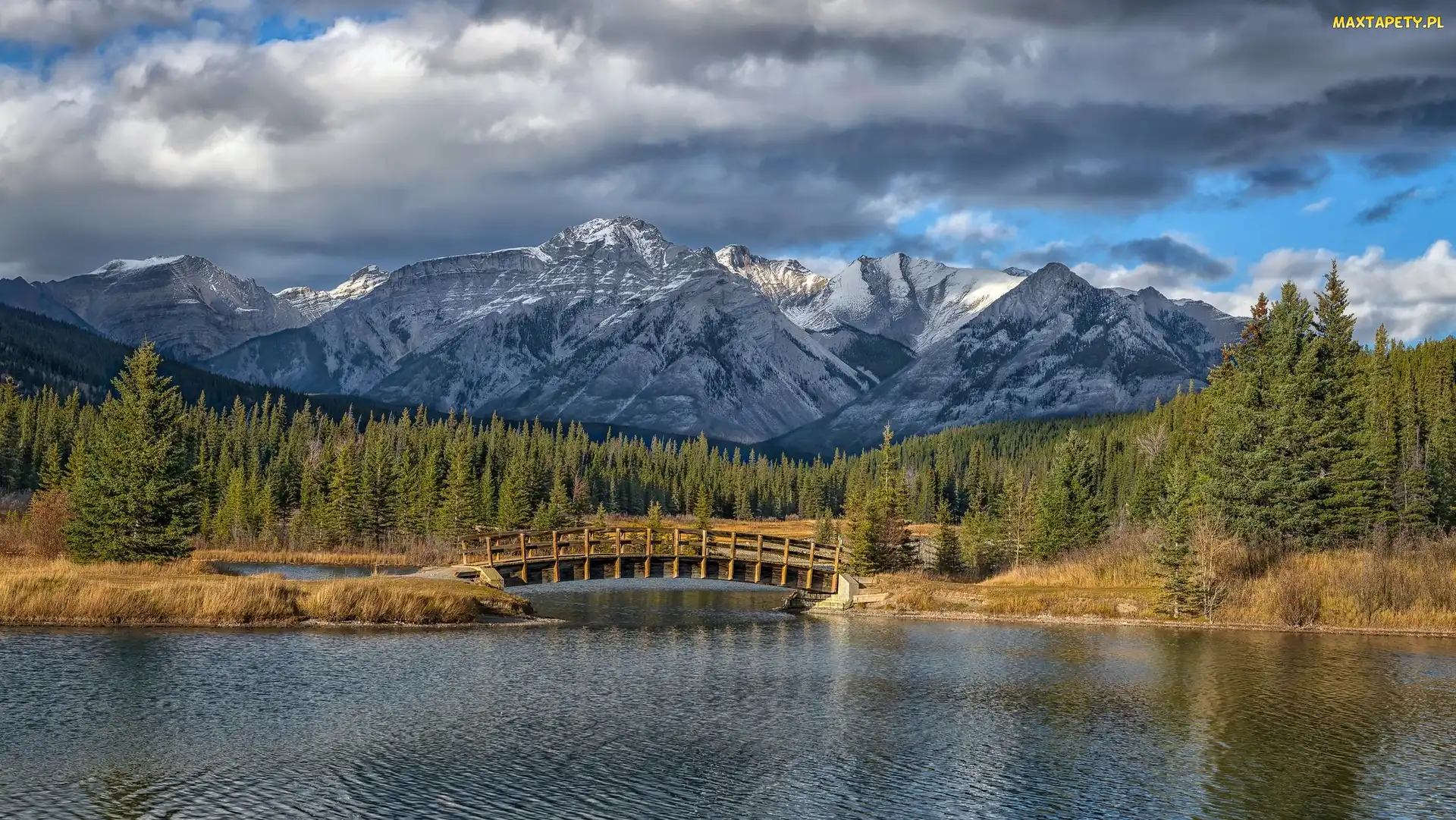 Jezioro, Drzewa, Góry, Most, Prowincja Alberta, Herbert Lake, Kanada, Park Narodowy Banff