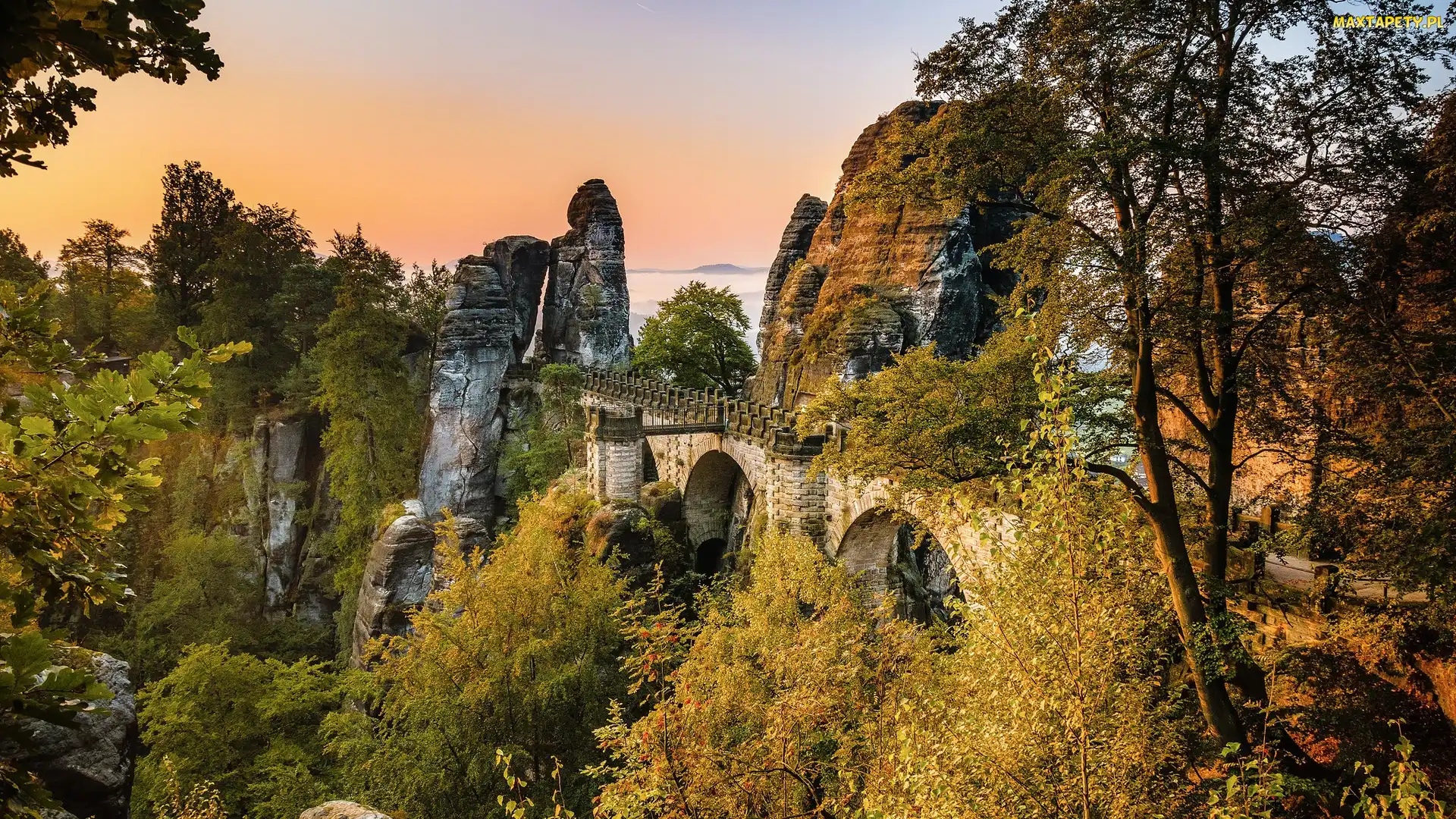 Formacja skalna Bastei, Park Narodowy Saskiej Szwajcarii, Niemcy, Skały, Drzewa, Góry Połabskie, Most