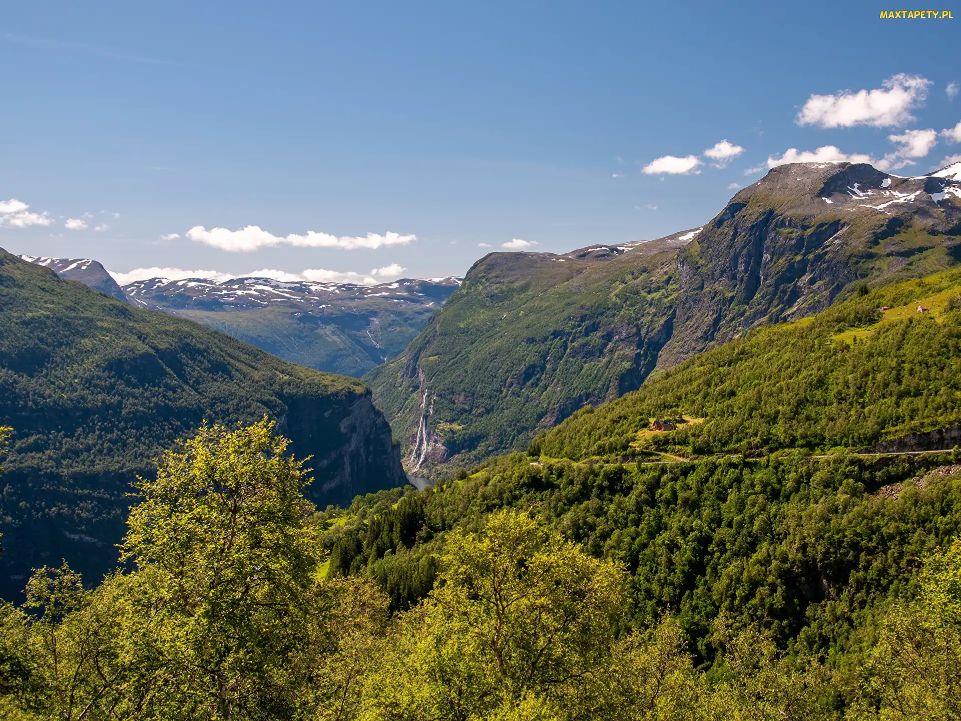 Drzewa, Góry, Norwegia, Fiord Geirangerfjord, Wodospad, Zbocza, De Syv sostrene, Lasy