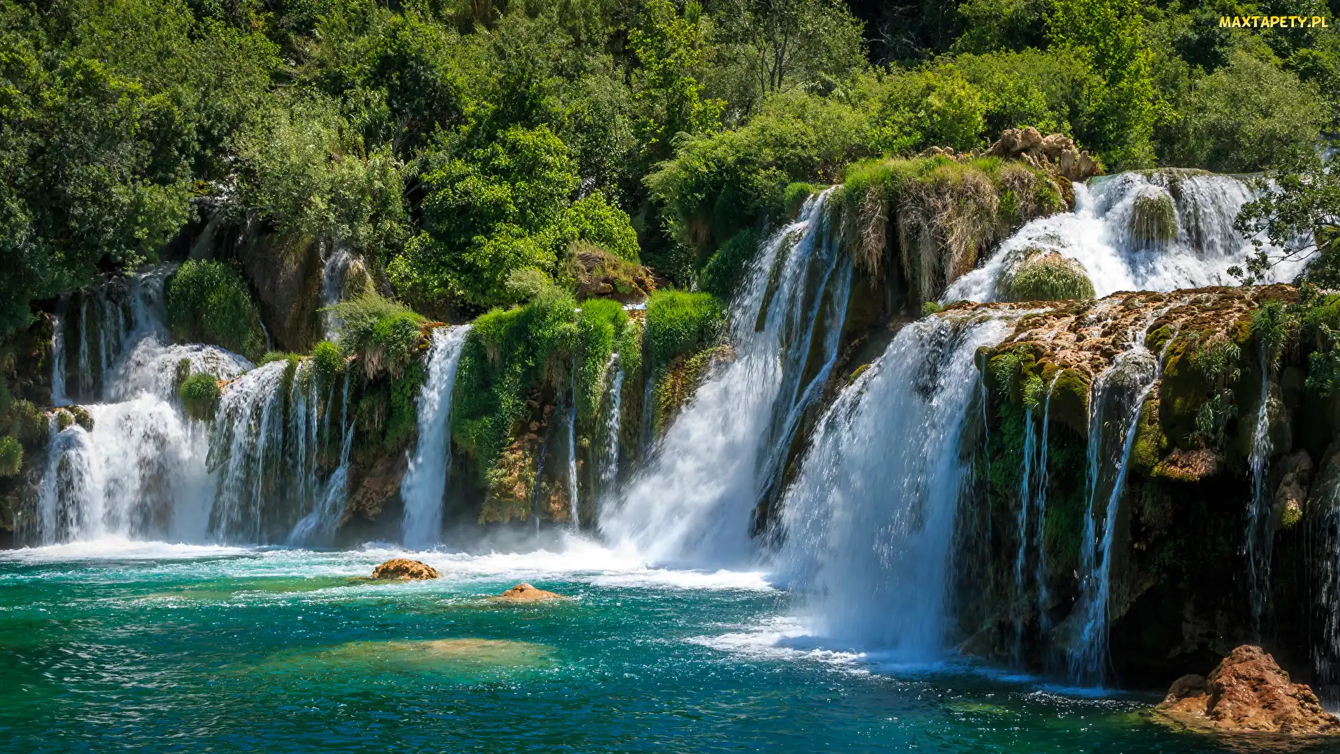 Skały, Drzewa, Park Narodowy Krka, Chorwacja, Wodospad, Las