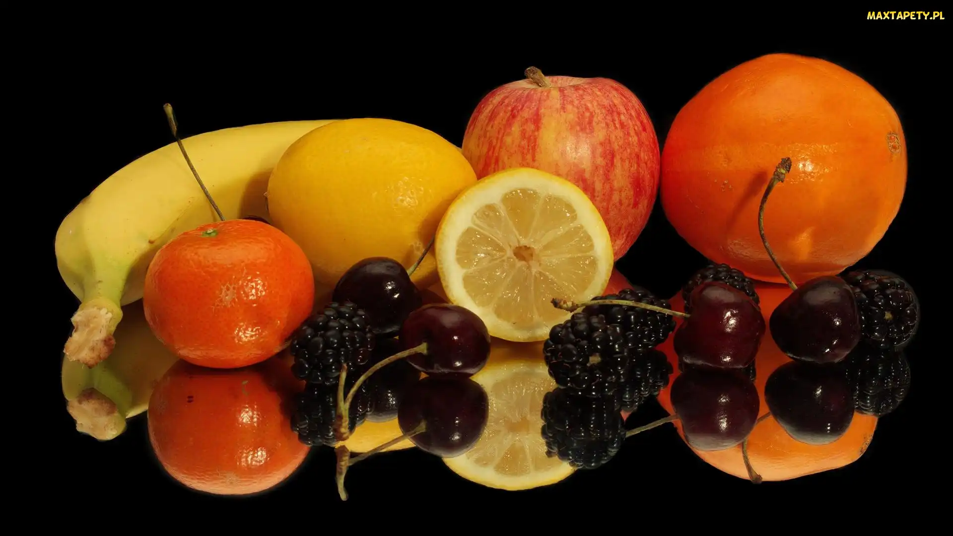 Ciemne tło, Odbicie, Banan, Owoce, Pomarańcza, Jabłko