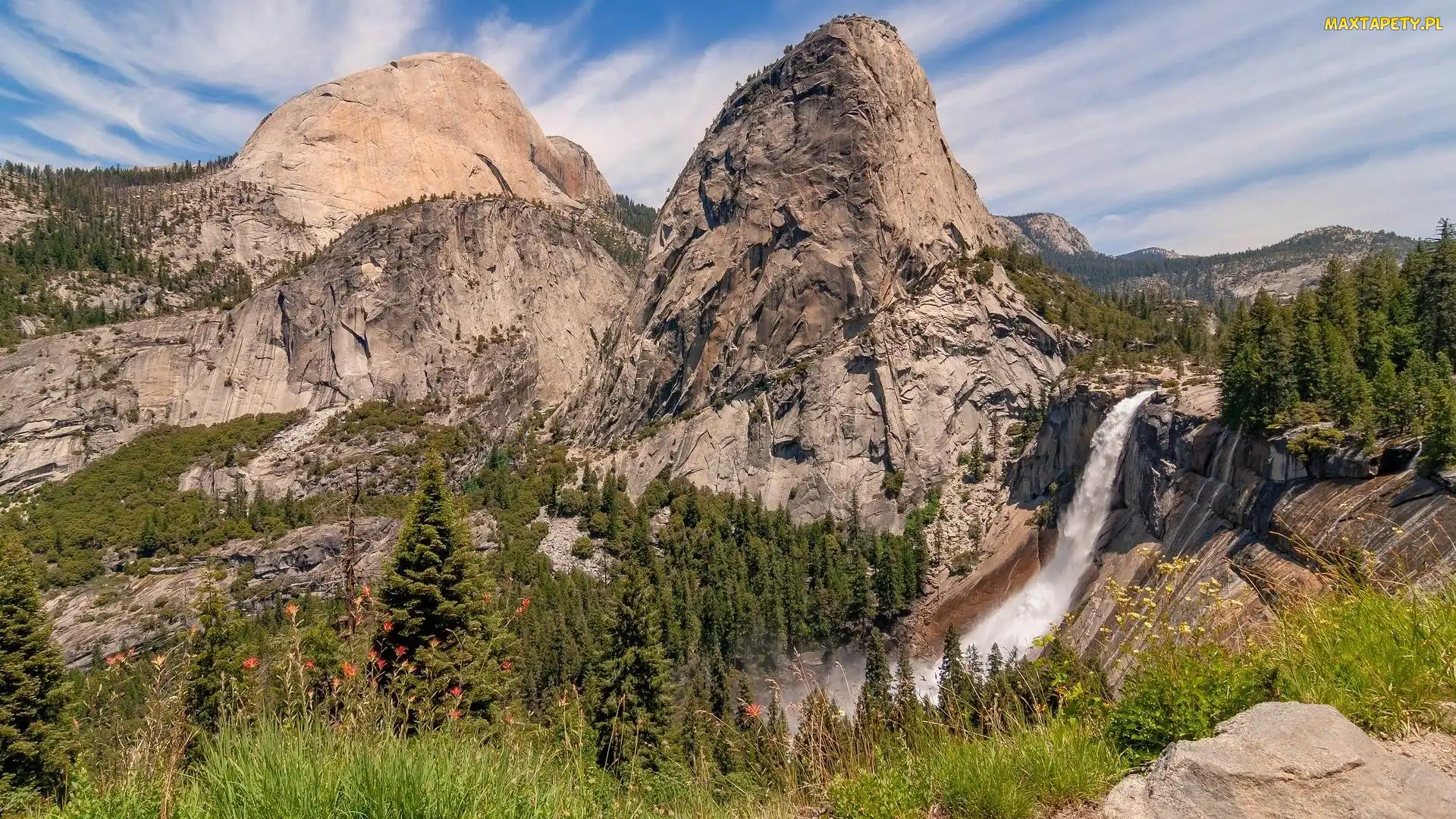Sierra Nevada, Drzewa, Góry, Nevada Fall, Kalifornia, Wodospad, Stany Zjednoczone, Park Narodowy Yosemite
