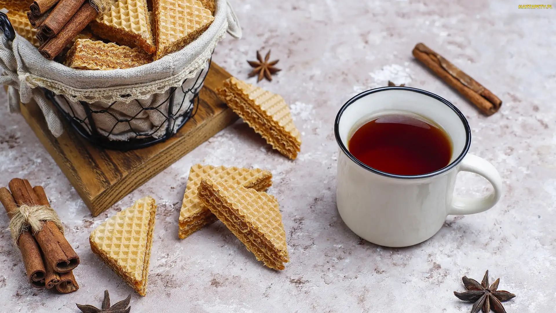 Anyż, Cynamon, Kubek, Deska, Koszyk, Herbata, Wafle
