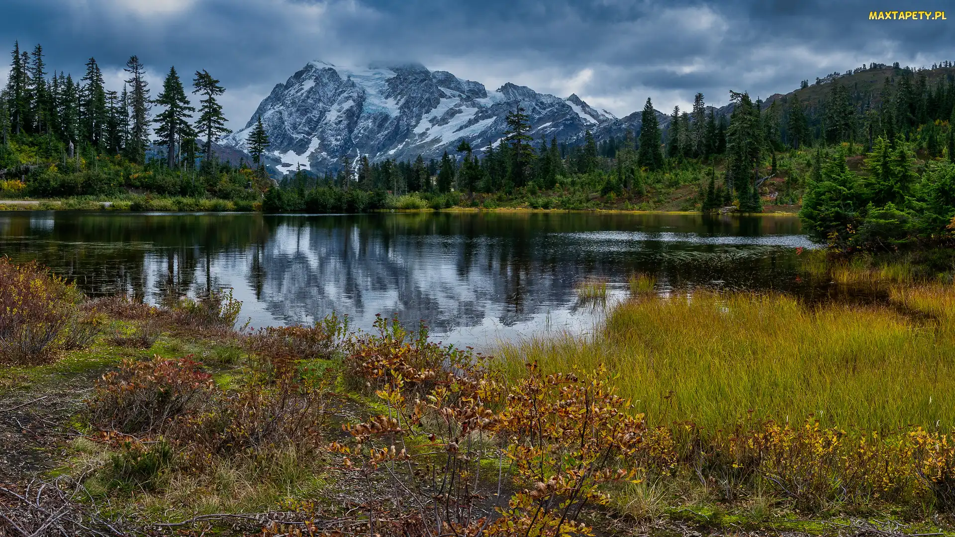Park Narodowy Północnych Gór Kaskadowych, Stan Waszyngton, Drzewa, Stany Zjednoczone, Góry Kaskadowe, Picture Lake, Góra, Mount Shuksan, Jezioro, Lasy