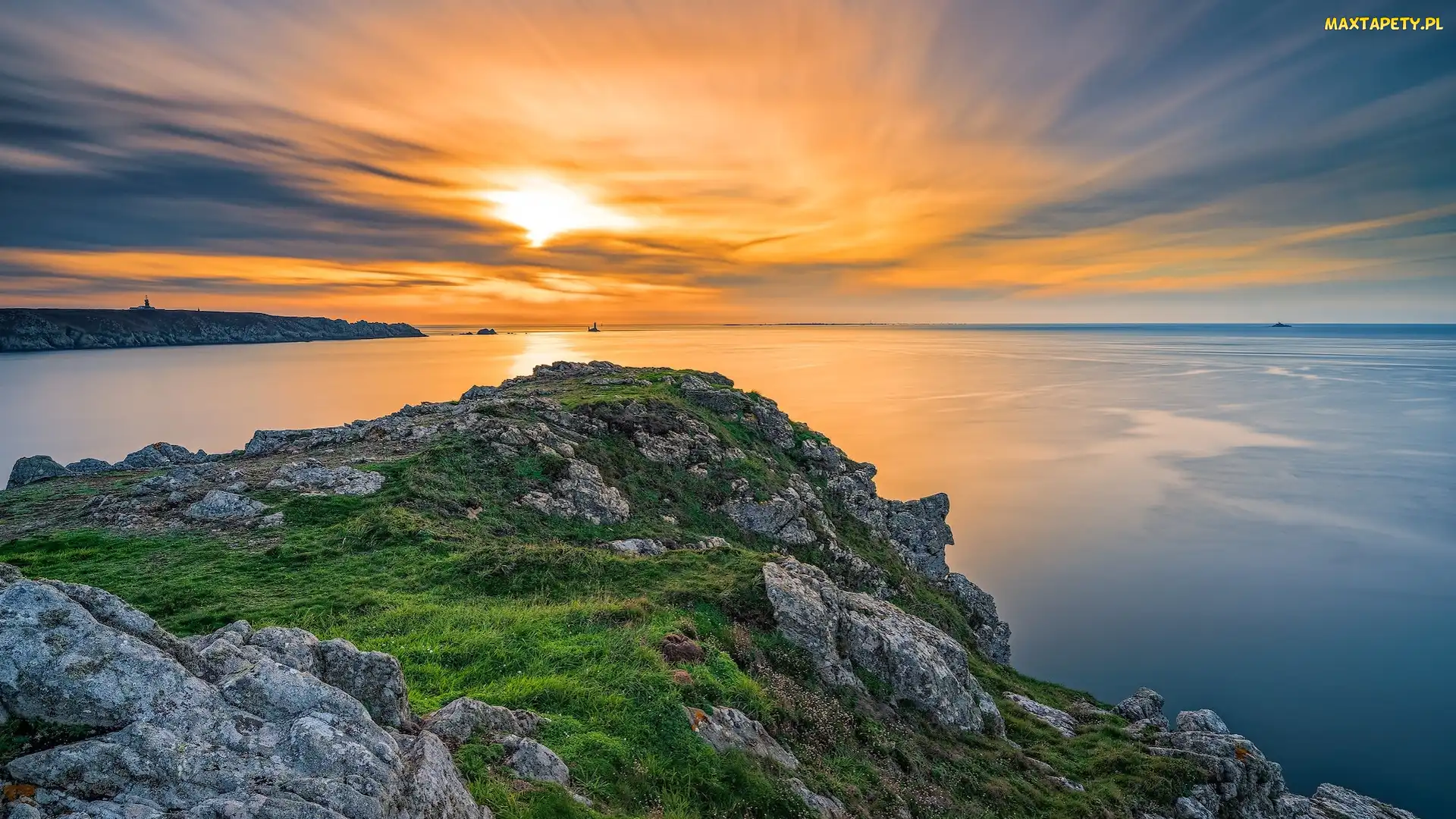 Morze, Przylądek, Zachód słońca, Trawa, Bretania, Skały, Francja, Pointe du Raz