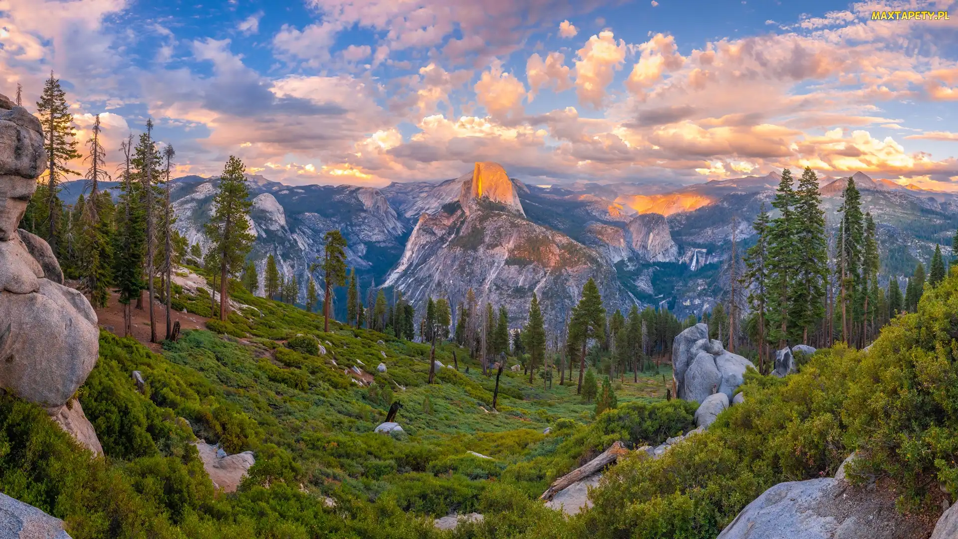 Stan Kalifornia, Góry, Stany Zjednoczone, Drzewa, Sierra Nevada, Park Narodowy Yosemite, Chmury, Skały