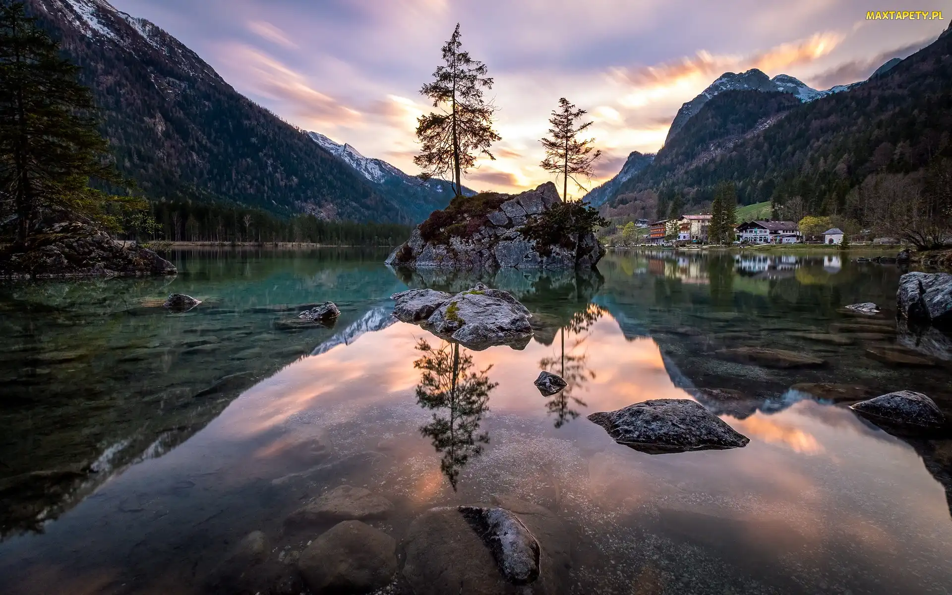 Jezioro Hintersee, Odbicie, Góry, Drzewa, Bawaria, Skały, Niemcy, Gmina Berchtesgadener