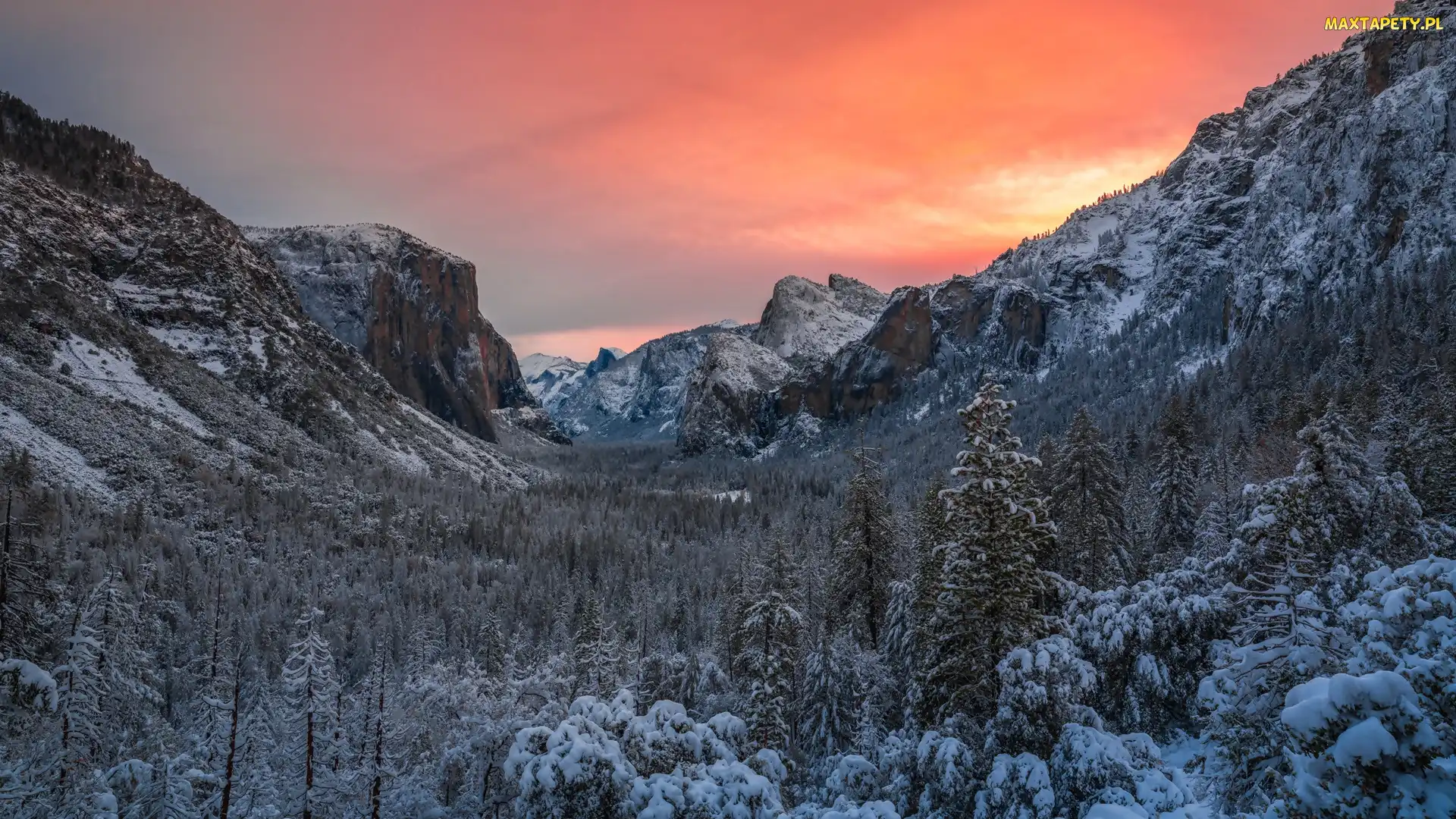 Dolina Yosemite Valley, Stan Kalifornia, Lasy, Stany Zjednoczone, Zachód słońca, Drzewa, Park Narodowy Yosemite, Zima, Góry