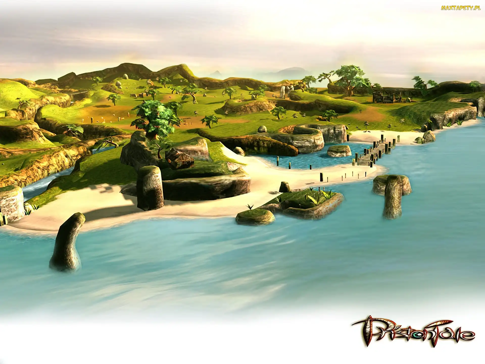 wyspa, drzewa, osada, most, Priston Tale