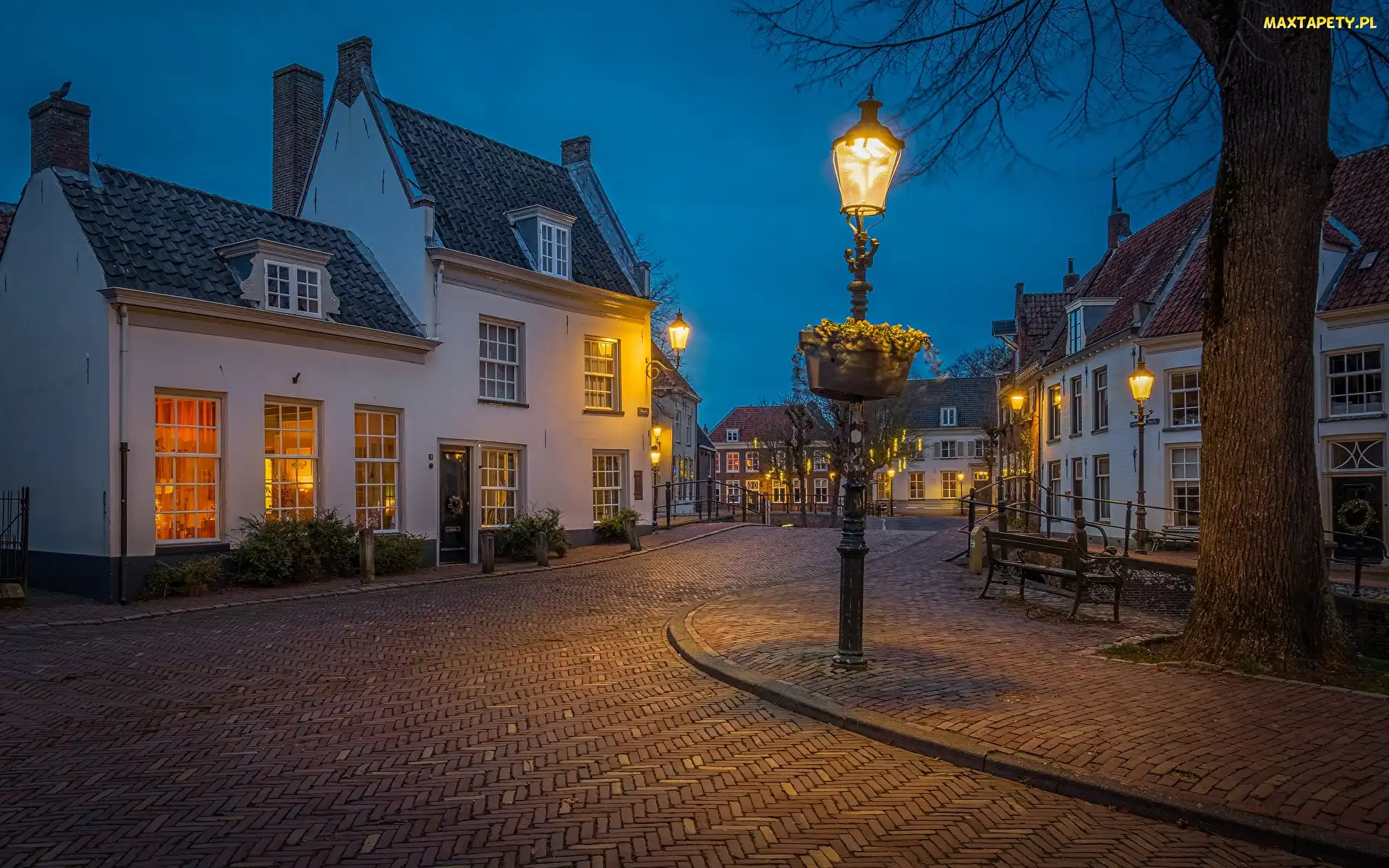 Oświetlenie, Domy, Amersfoort, Holandia, Uliczka, Latarnie