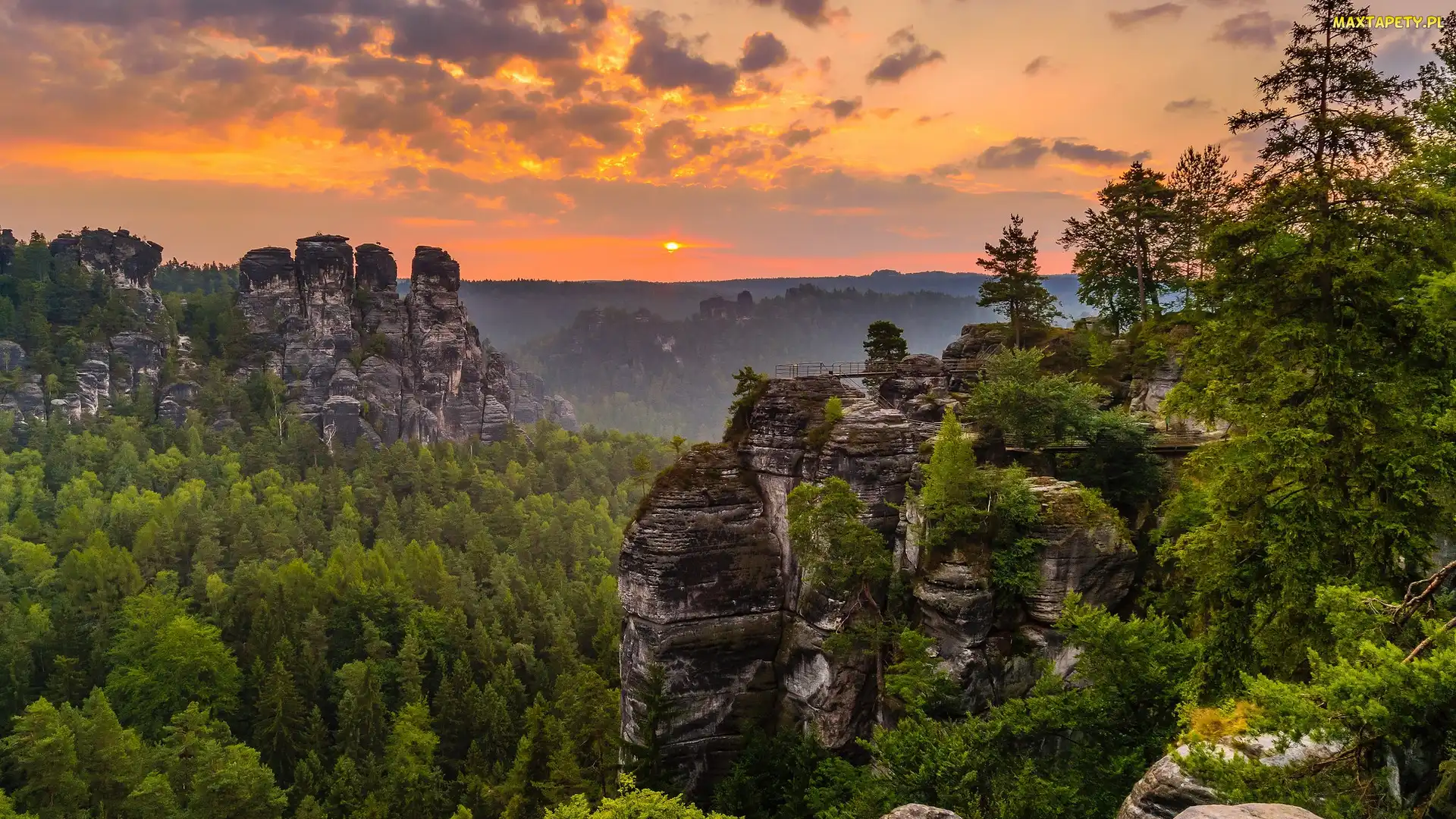 Skały, Góry Połabskie, Niemcy, Zachód słońca, Park Narodowy Saskiej Szwajcarii, Drzewa