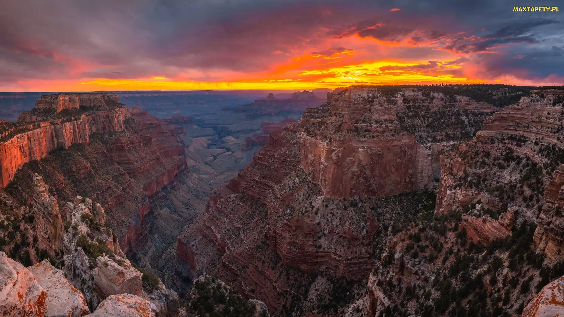 Arizona, Zachód słońca, Góry, Stany Zjednoczone, Grand Canyon, Park Narodowy Wielkiego Kanionu, Wielki Kanion Kolorado