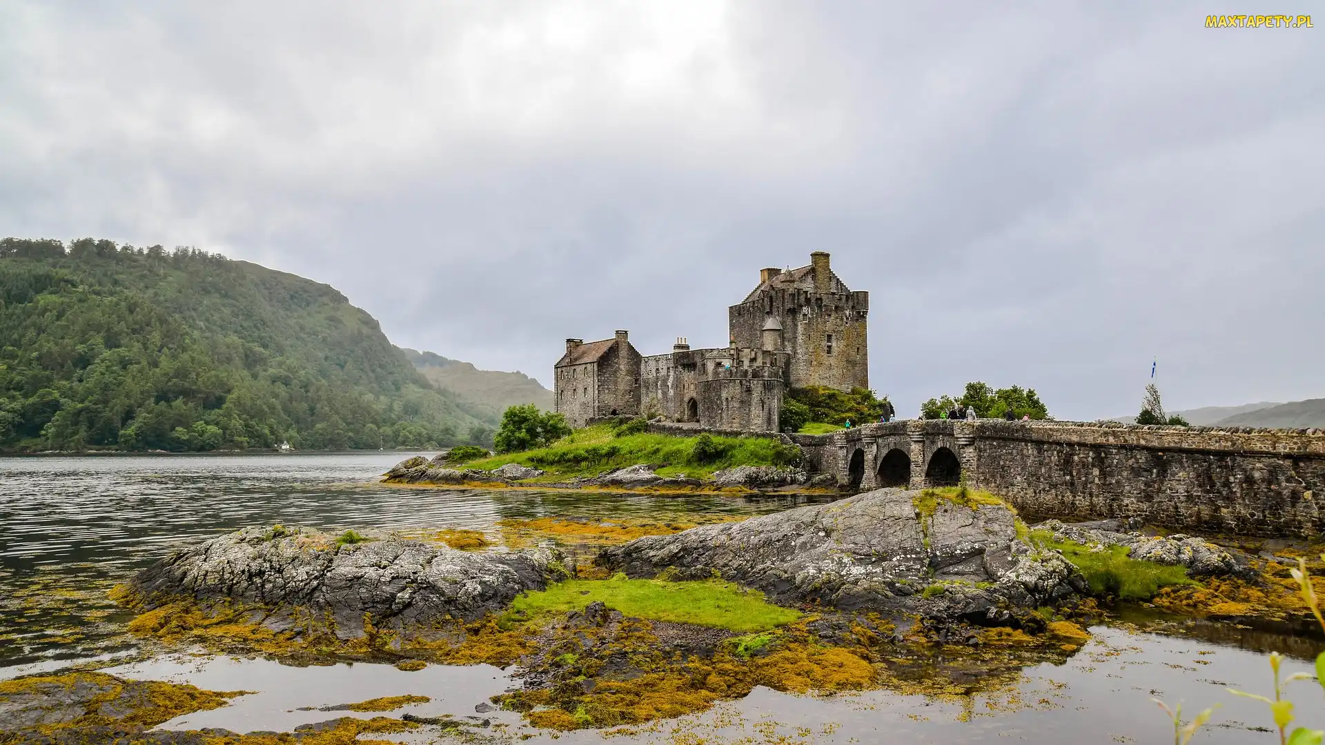 Zamek Eilean Donan, Most, Kamienny, Jezioro Loch Duich, Szkocja