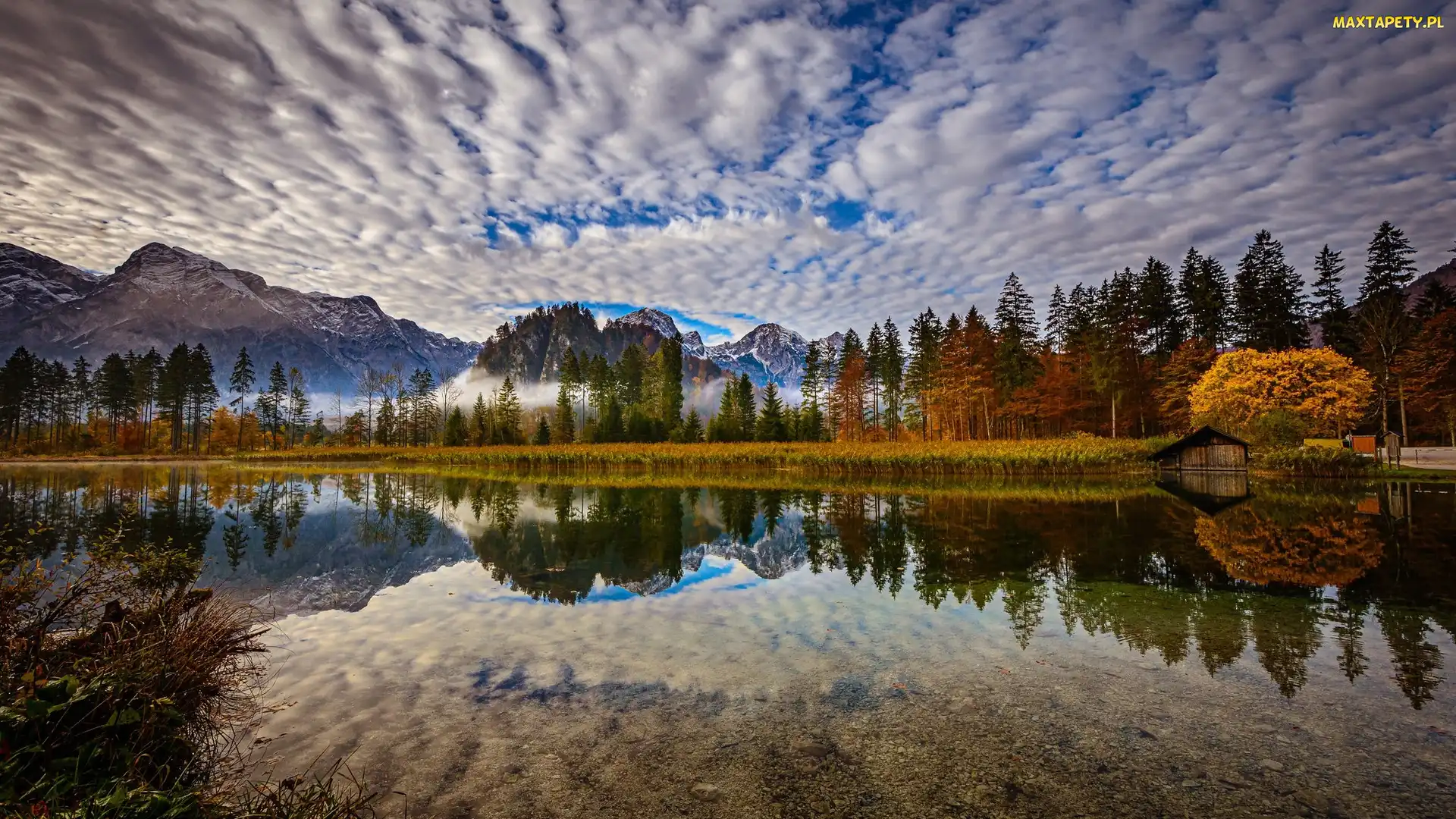 Góry, Austria, Chmury, Dolina Almtal, Jezioro Almsee, Drzewa, Alpy