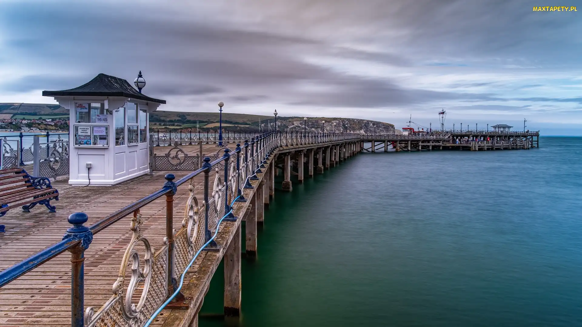 Hrabstwo Dorset, Miejscowość Swanage, Kanał La Manche, Anglia, Chmury, Morze, Molo